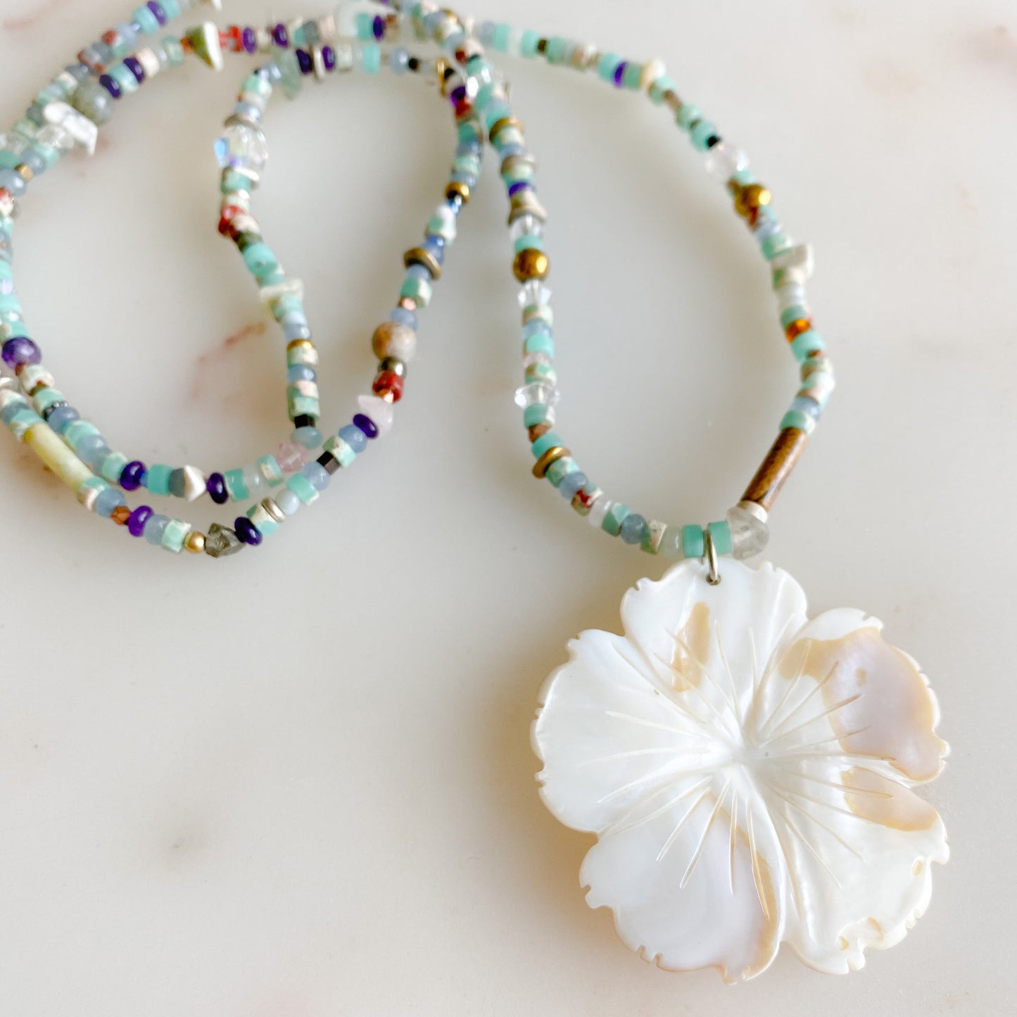 Grace Mother of Pearl Flower Necklace - Bellestyle - semi precious stone girl’s blue pink