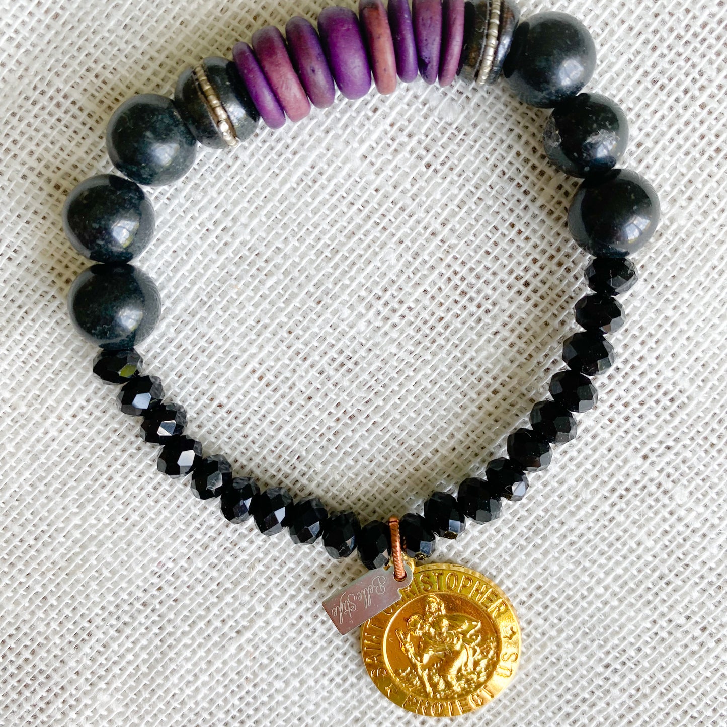 St. Christopher Purple Rosewood Black Jade Bracelet - BelleStyle