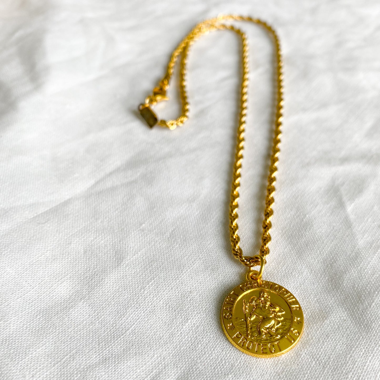 Bellestyle St. Christopher stainless steel gold double rope charm necklace protect us unisex style