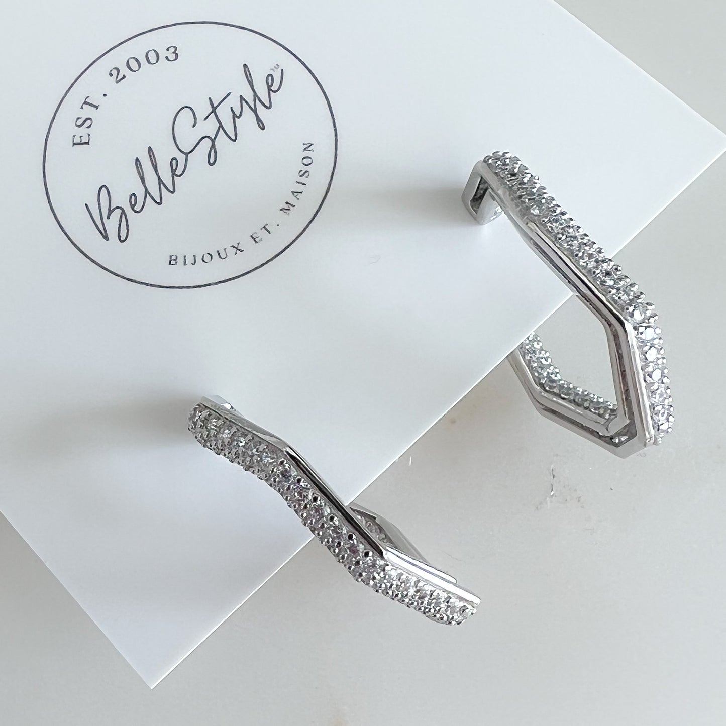 Zig Zag Sterling Silver 925 Pave Post Earrings - BelleStyle