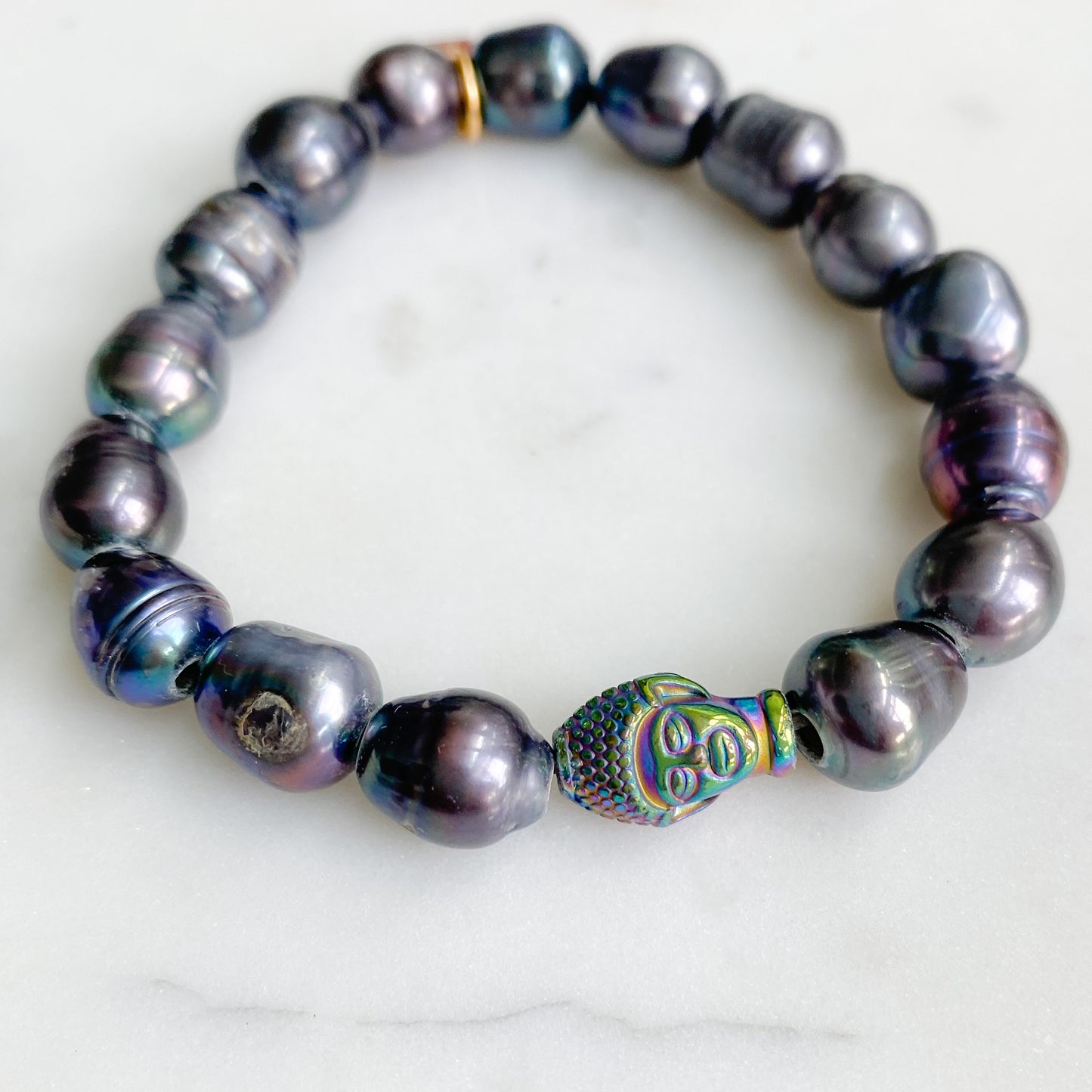 Rainbow Buddha Freshwater Pearl Bracelet Black - Bellestyle