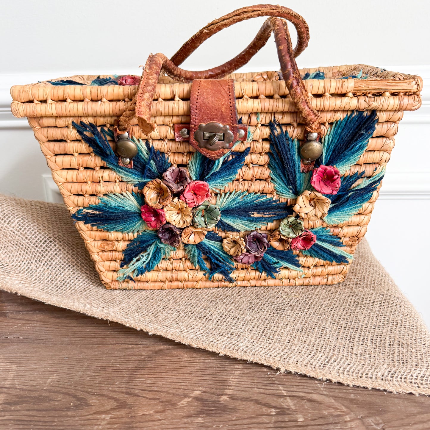 Monterrey Bohemian Vintage 1960’s Handwoven Raffia Palm Picnic Basket