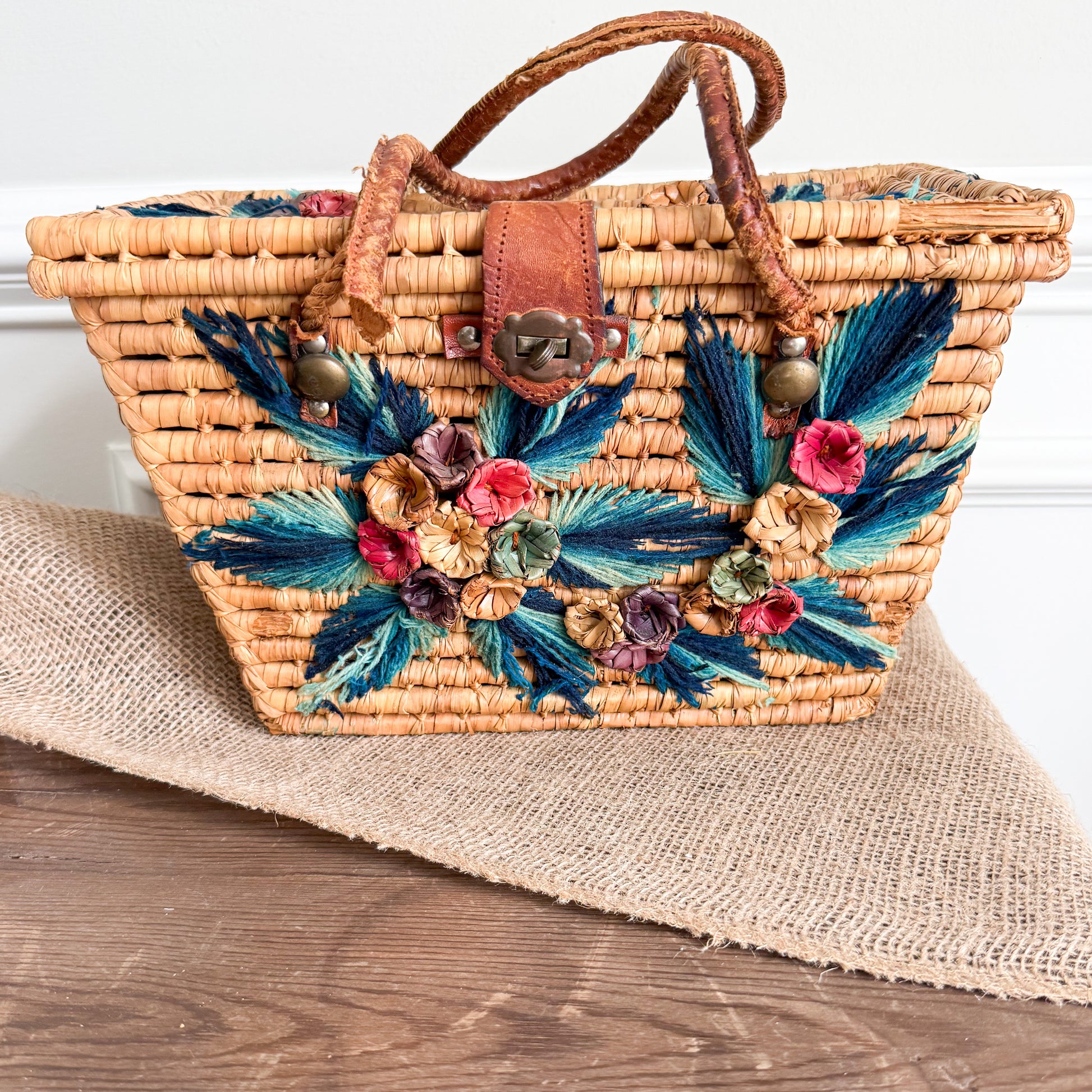 Monterrey Bohemian Vintage 1960’s Handwoven Raffia Palm Picnic Basket