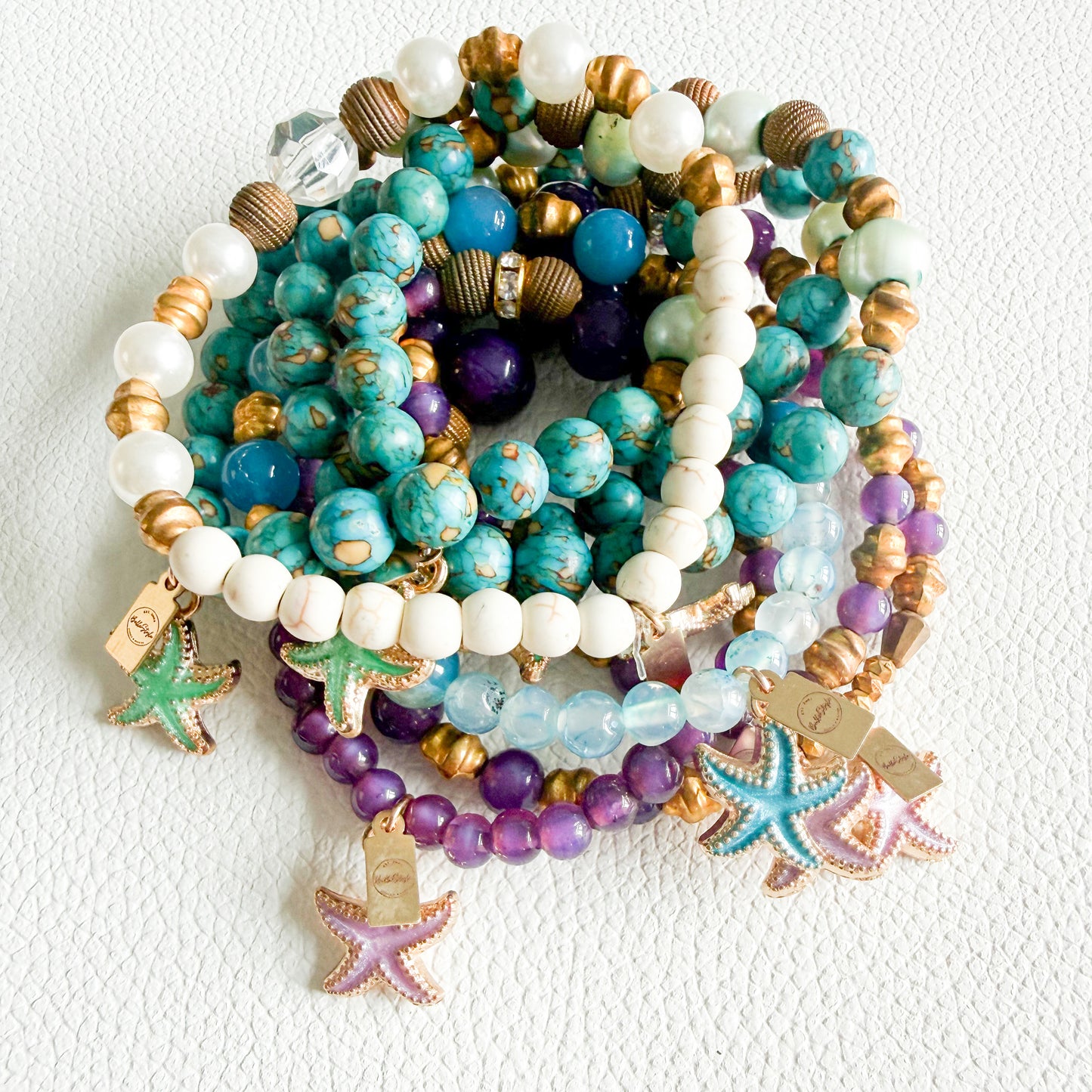 Starfish Sustainable Semi-Precious Stone Vintage Brass Charm Stretch Bracelet