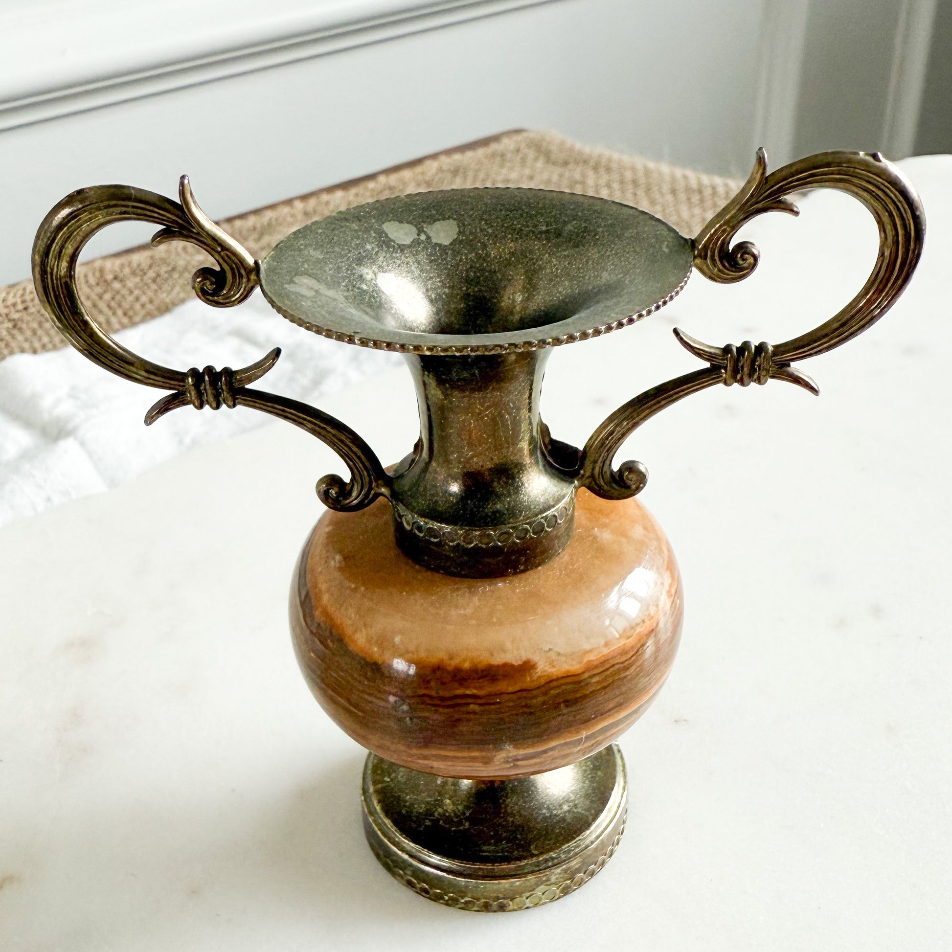 Duncan Antique Jasper Brass Double Handle Mini Stem Vase