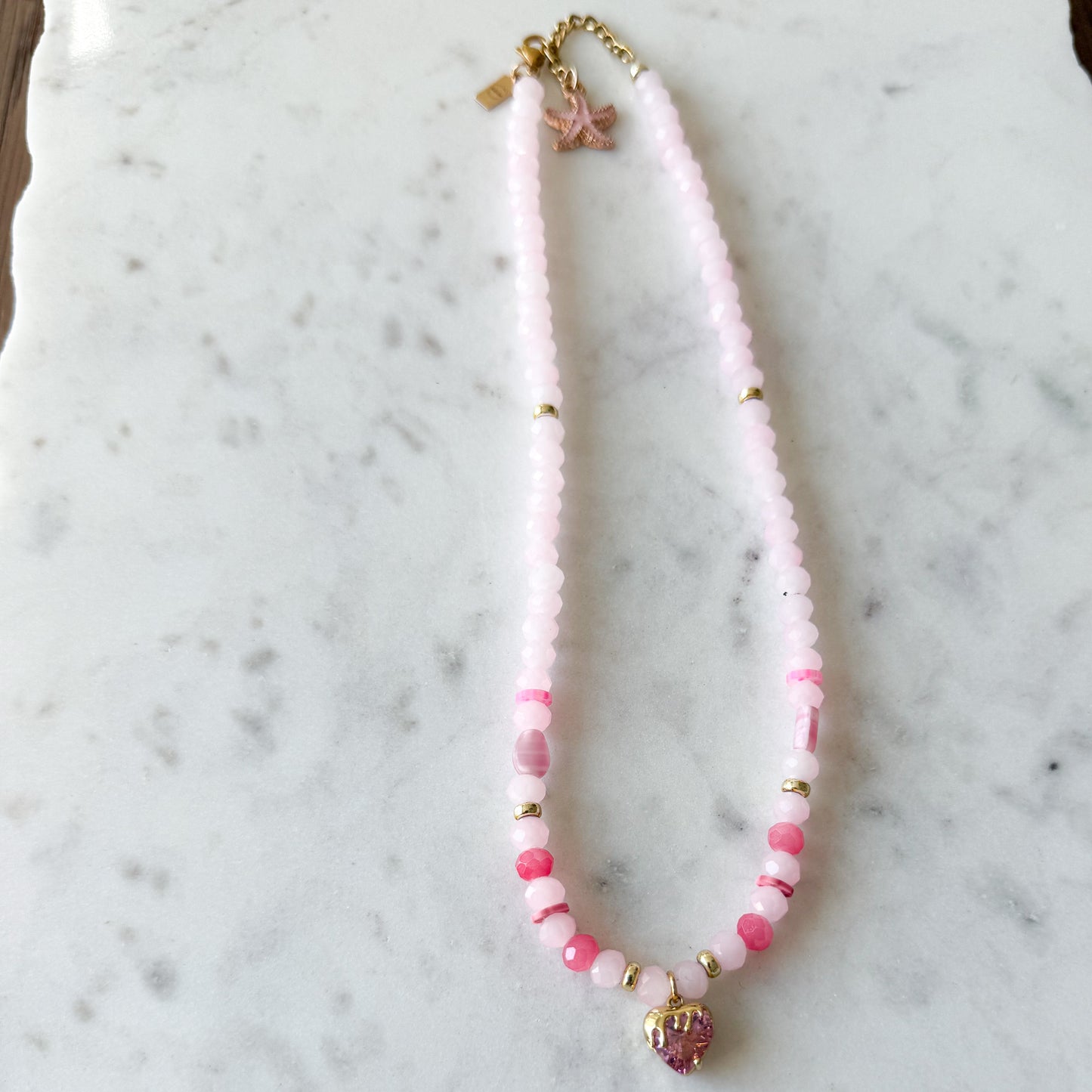 Drippy Pink Crystal Heart Charm Rose Quartz Necklace