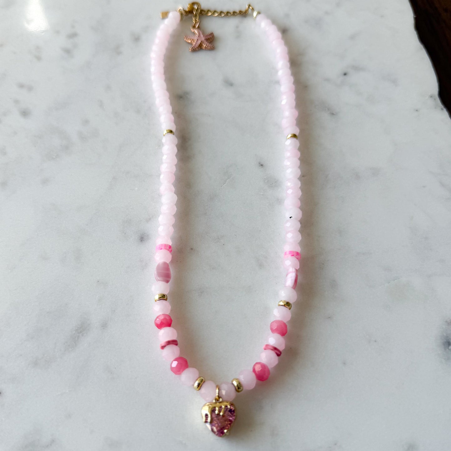 Drippy Pink Crystal Heart Charm Rose Quartz Necklace