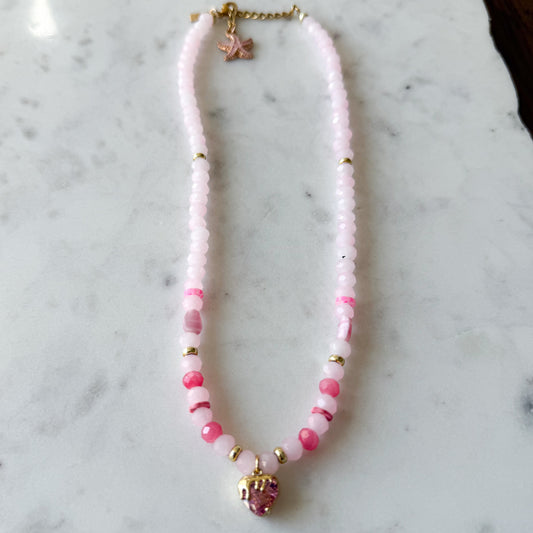 Drippy Pink Crystal Heart Charm Rose Quartz Necklace