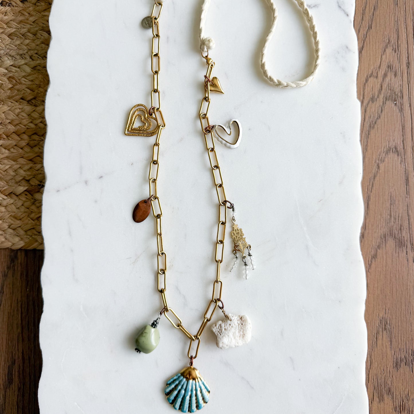Blue Shell Deerskin Leather Long Statement Coral Charm Necklace
