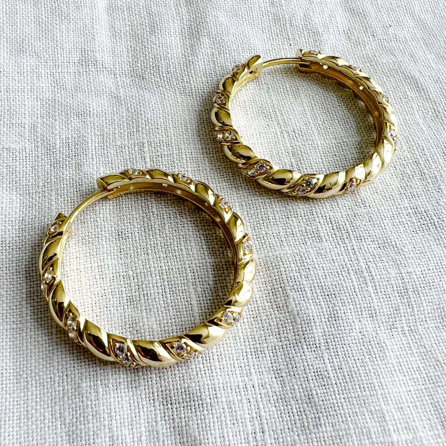 Hepburn Gold Twist Design Pave Crystal Medium Hoop Earrings - BelleStyle