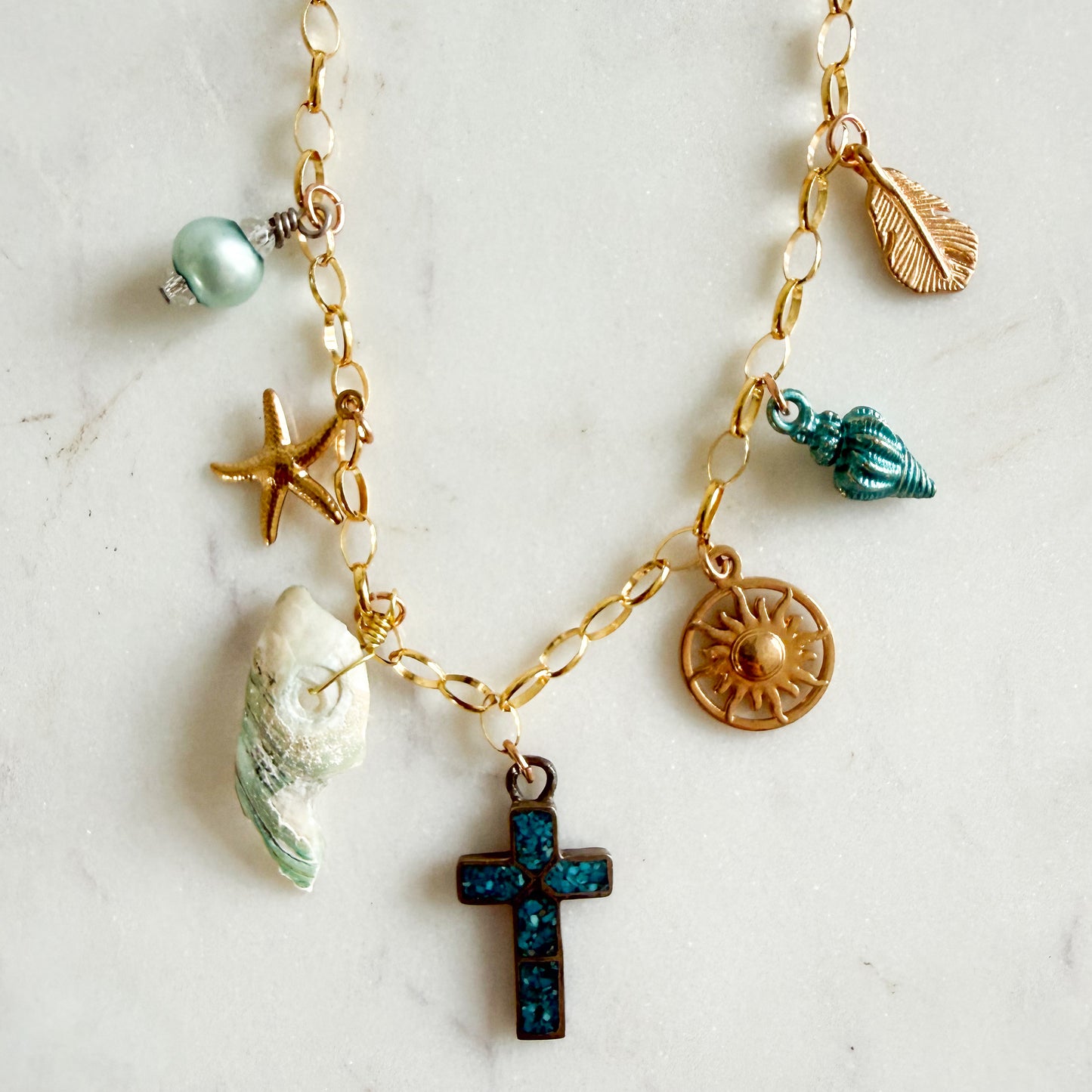 Sydney Vintage Cross Freshwater Pearl Charm 14KT GF Chain Necklace