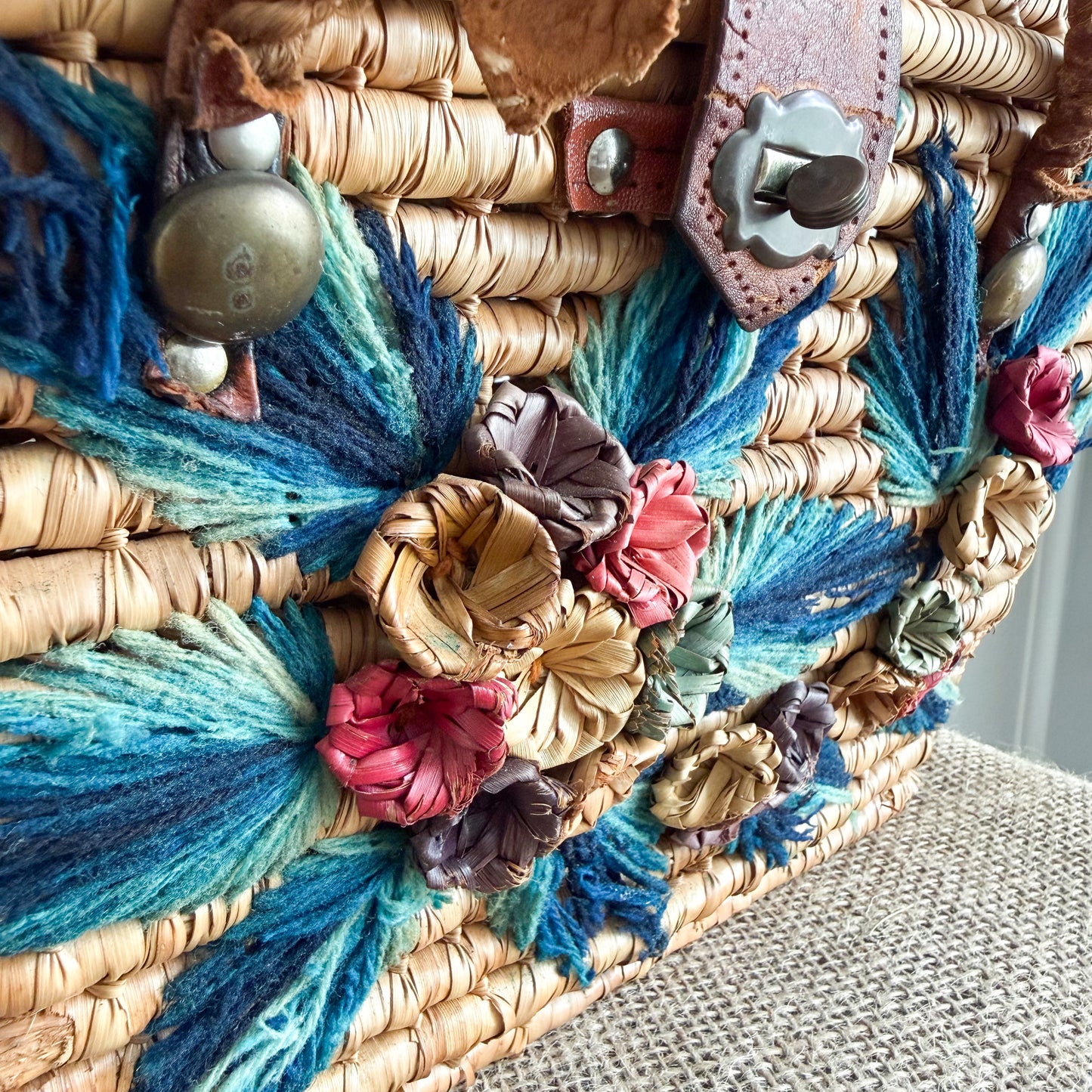 Monterrey Bohemian Vintage 1960’s Handwoven Raffia Palm Picnic Basket