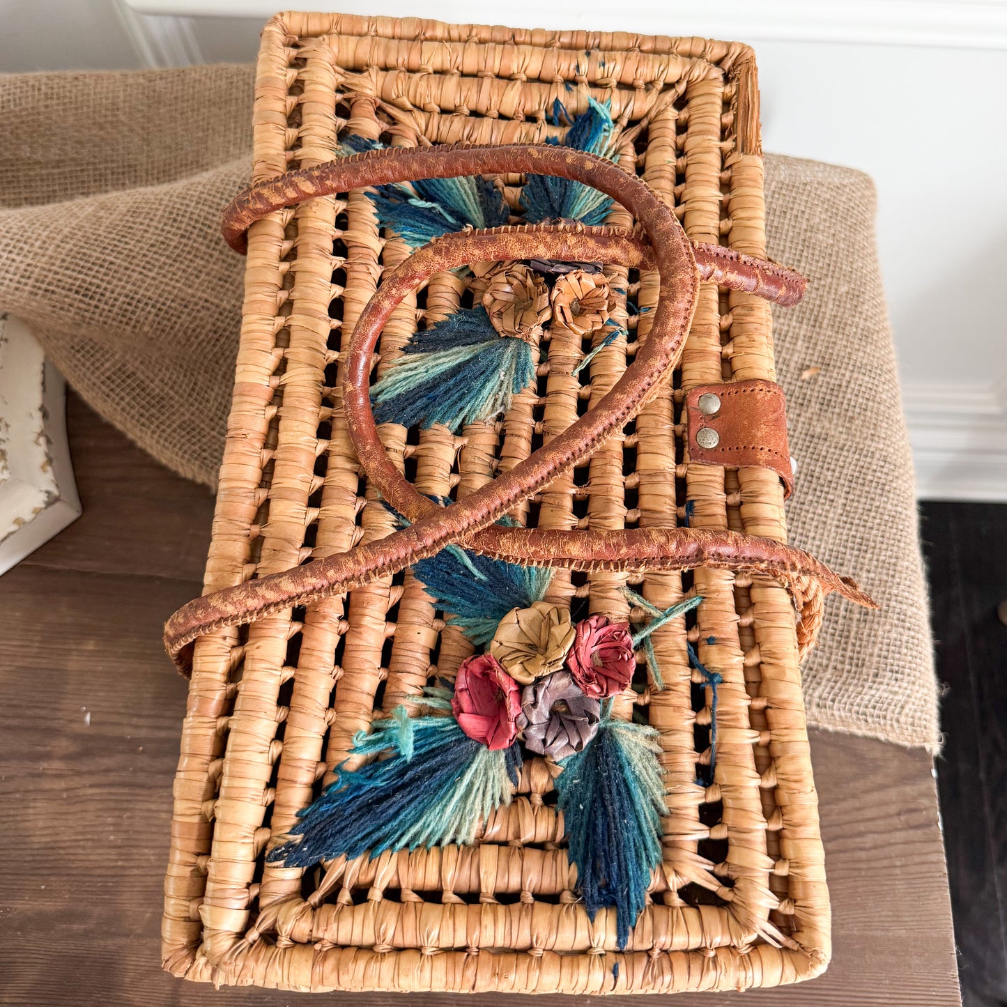 Monterrey Bohemian Vintage 1960’s Handwoven Raffia Palm Picnic Basket