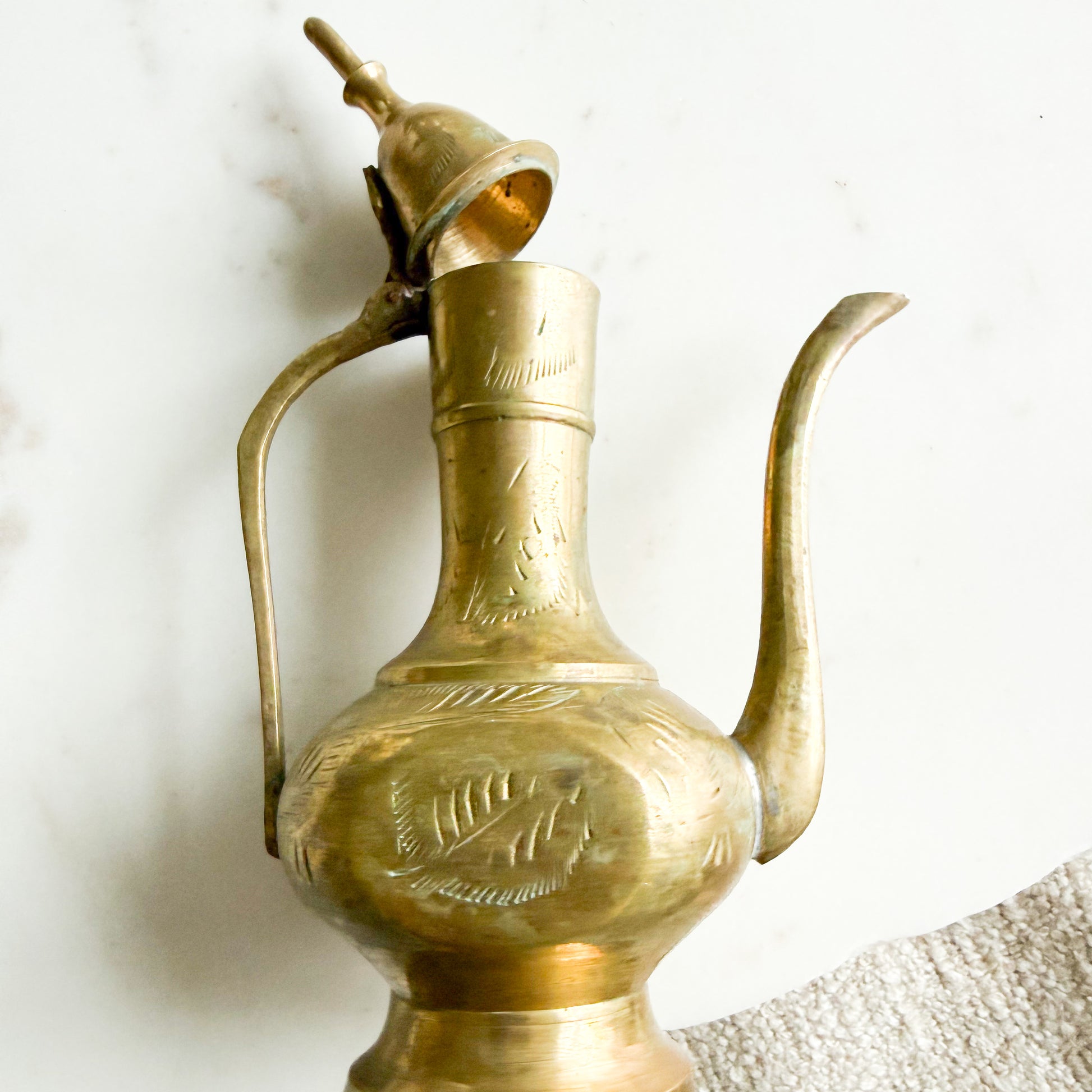 Fern Vintage Etched Brass Teapot with Handle and Lid