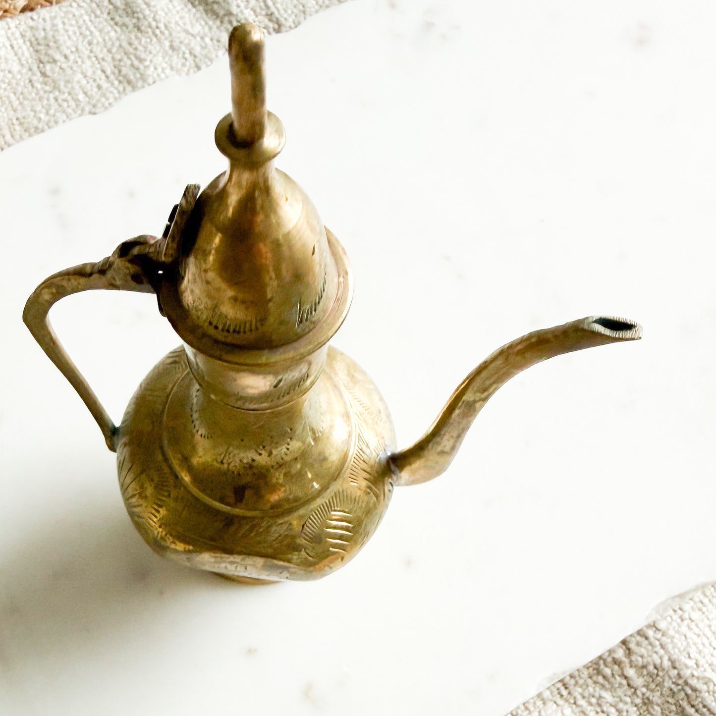 Fern Vintage Etched Brass Teapot with Handle and Lid