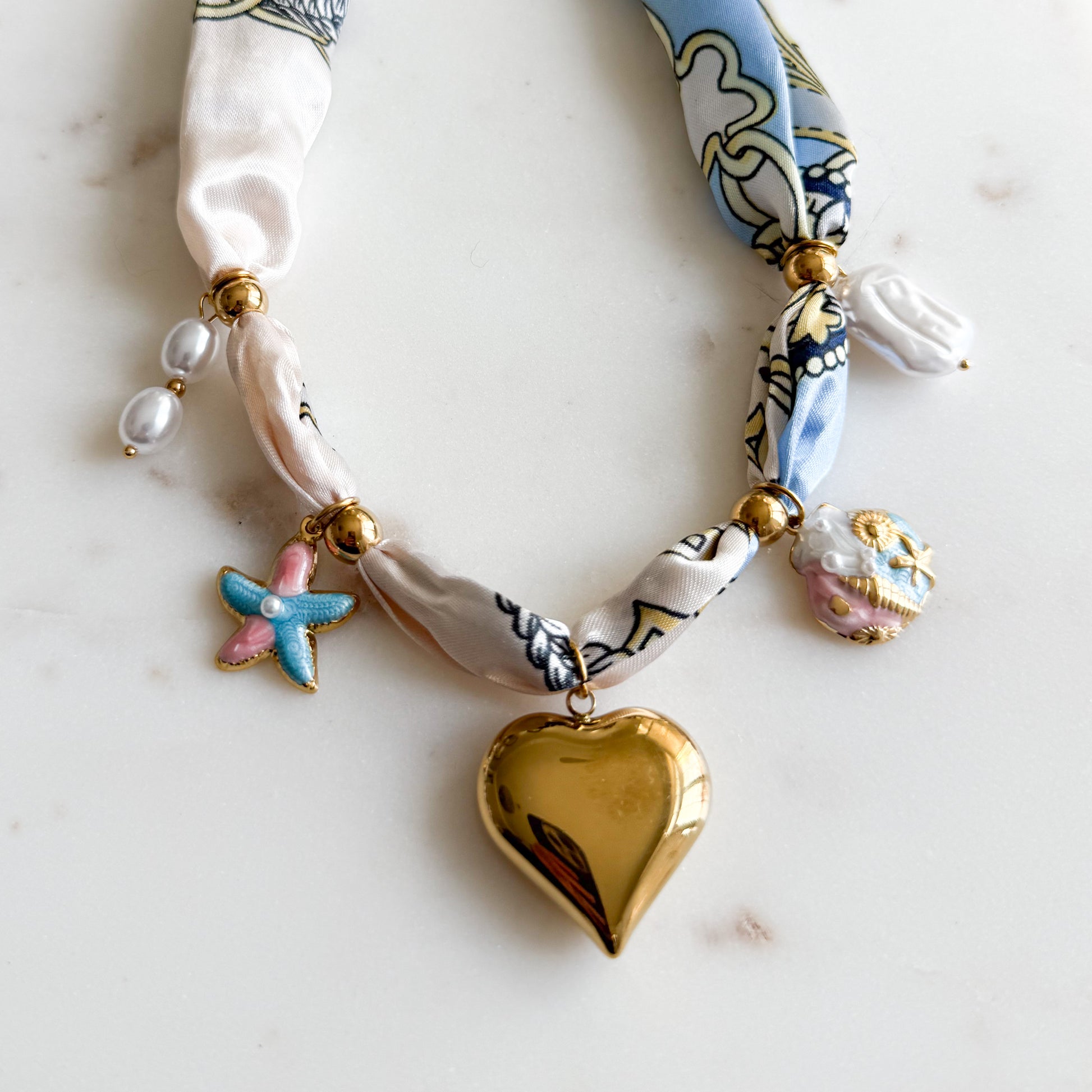Paisley Puff Gold Heart Charm Bandana Necklace