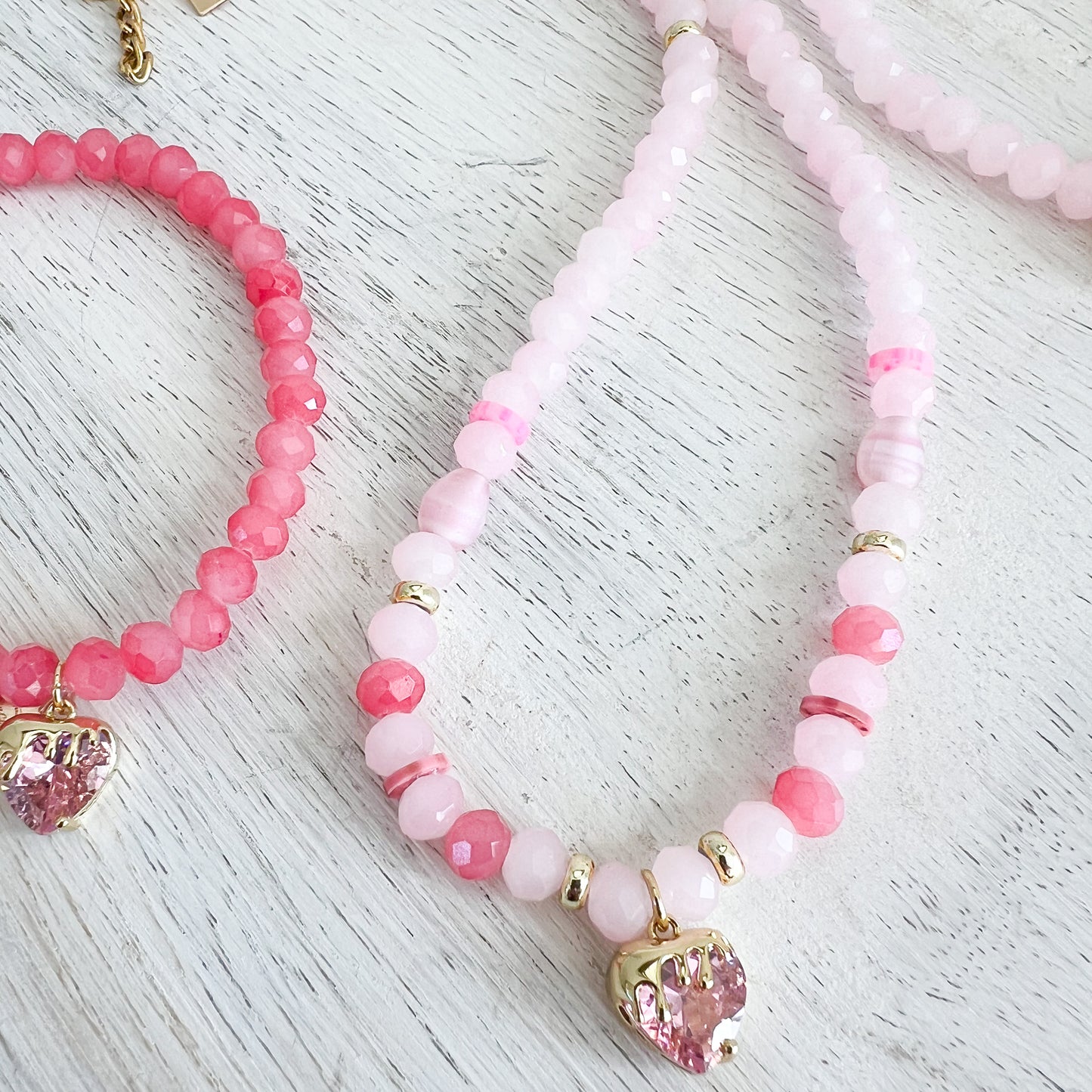 Drippy Strawberry Charm Rose Quartz Bracelet