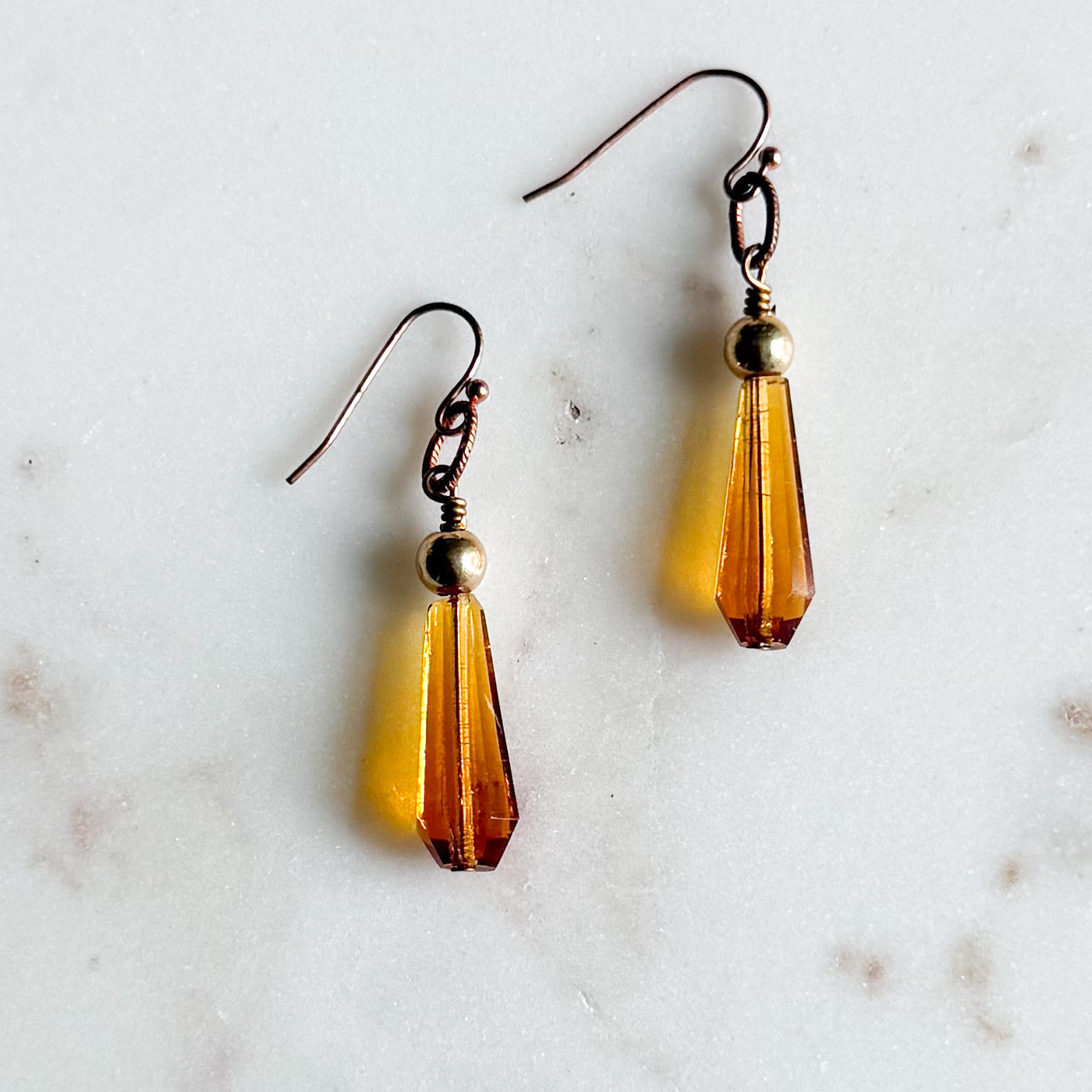 Amber Vintage Crystal Copper 14K Gold Ball Drop Earrings