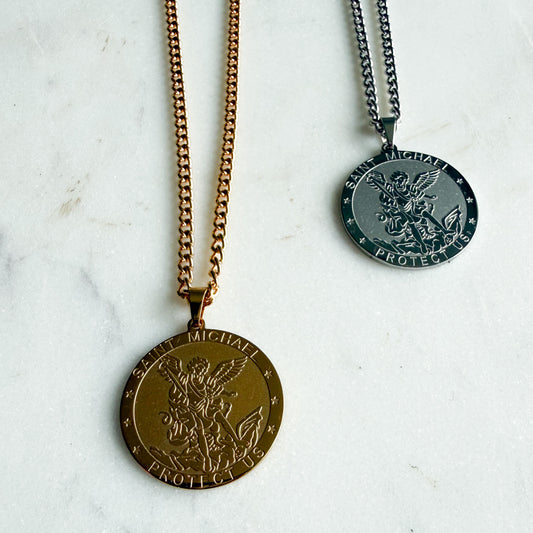 St. Michael Protect Us Stainless Steel Coin Charm Prayer Necklace