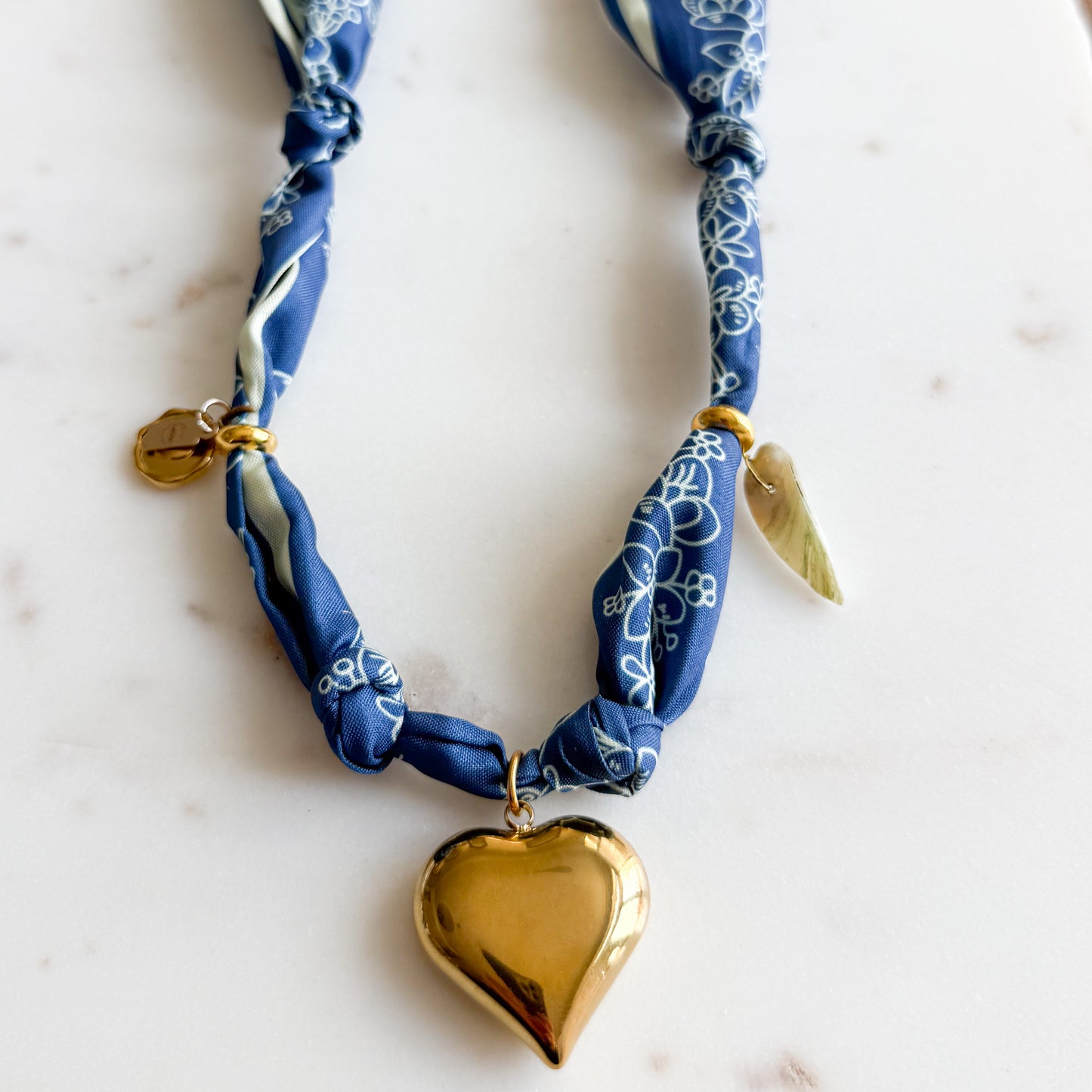 Hayling Gold Heart Charm Blue Bandana Scarf Necklace