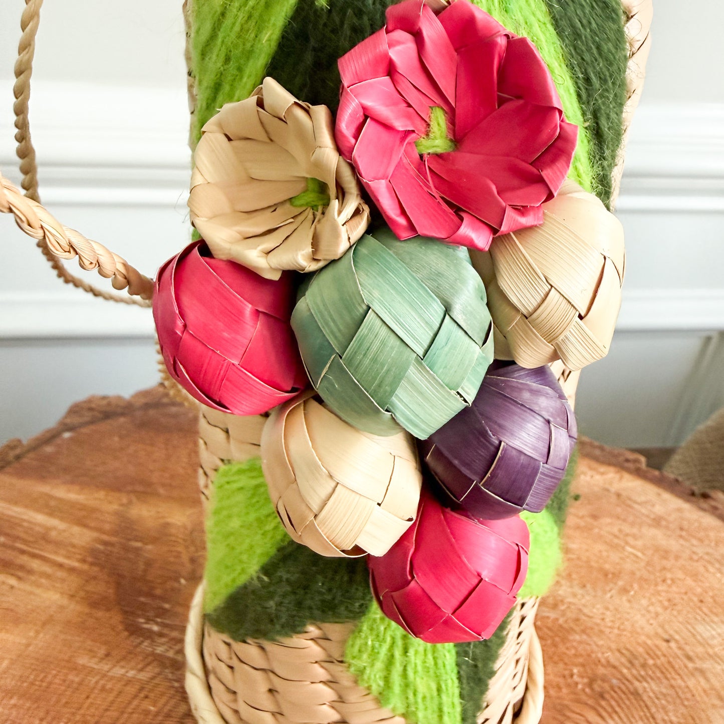 Raspberry Bohemian Vintage Fine Palm Woven Wine Carrier