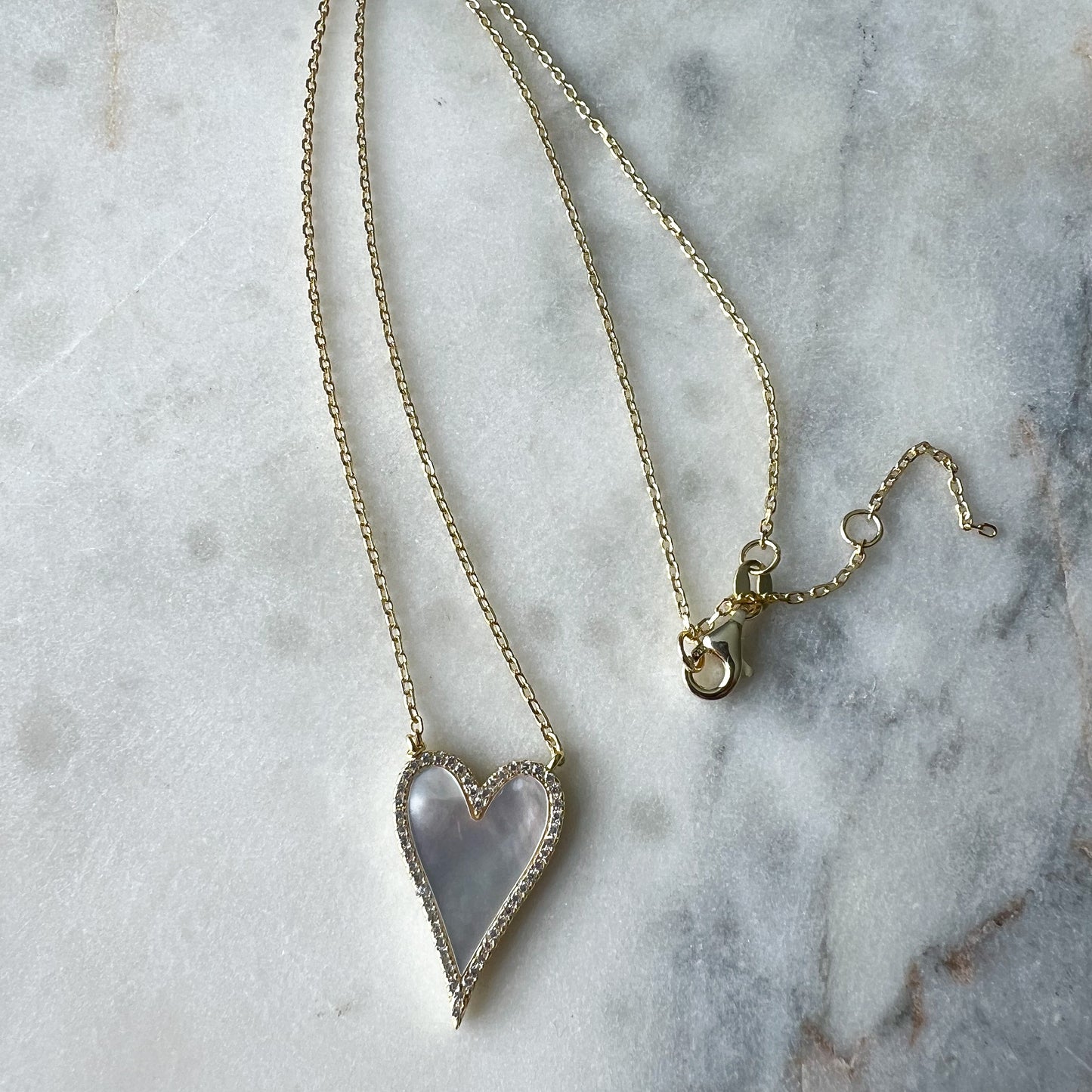 Long Mother of Pearl Heart Charm 925 Gold Necklace - BelleStyle