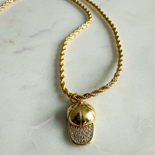 Cooper Gold Baseball/Softball Pave Cubic Zirconia Crystal Hat Necklace
