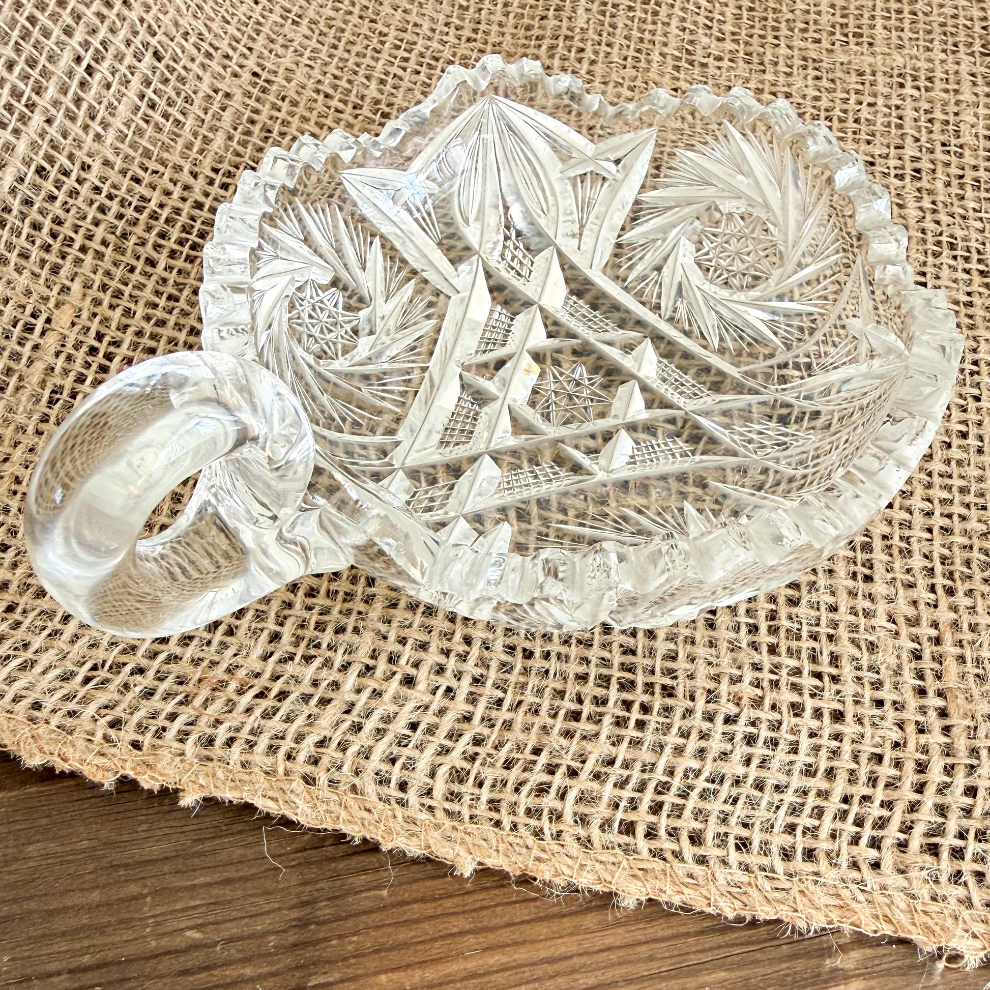 Windmill Vintage Crystal Glass Jewelry Bowl with Handle