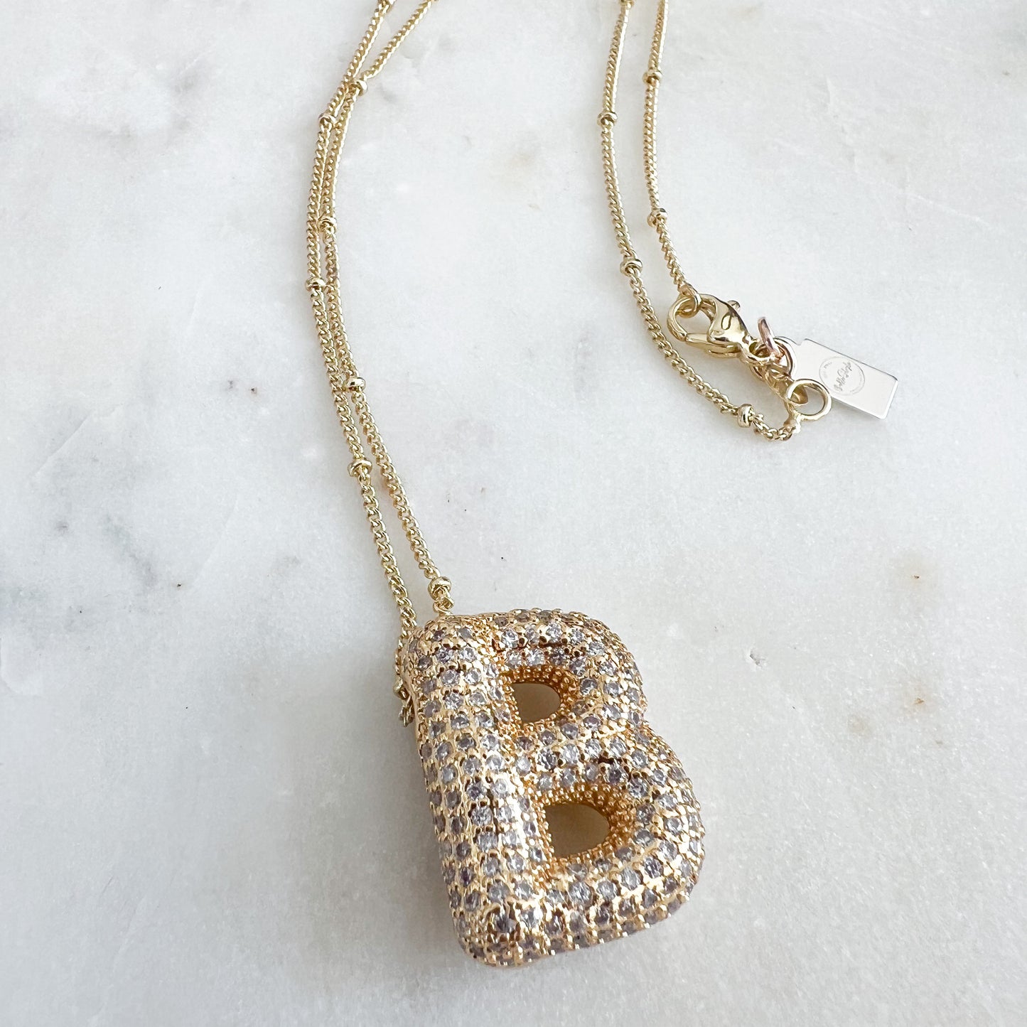 Bubble Letter Pave Crystal Pendent Gold Necklace