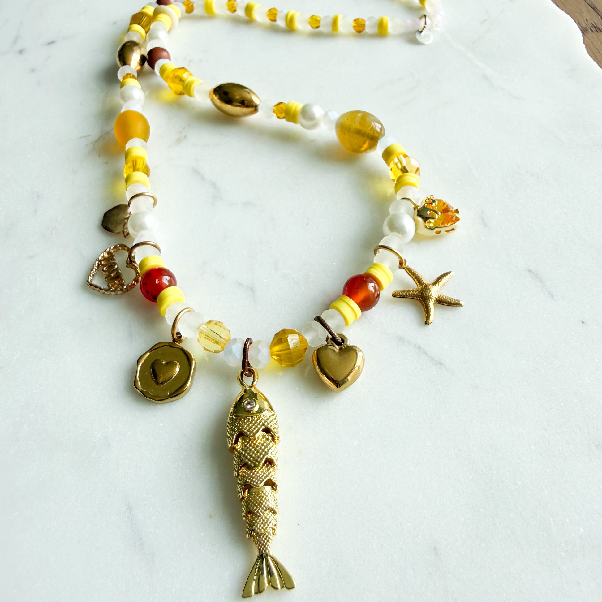 Jeanie Fish Heart Carnelian Semi-Precious Stone Charm Necklace