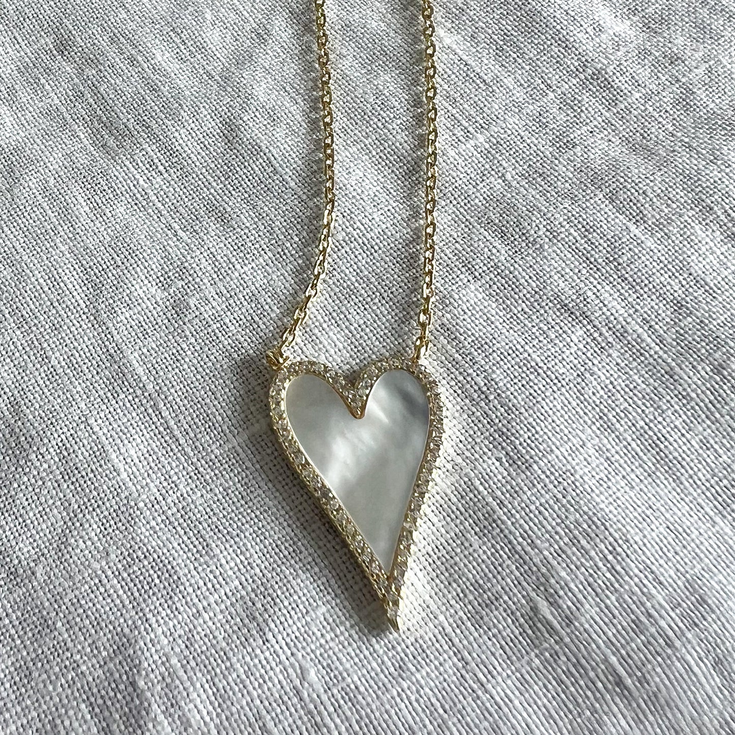 Long Mother of Pearl Heart Charm 925 Gold Necklace - BelleStyle