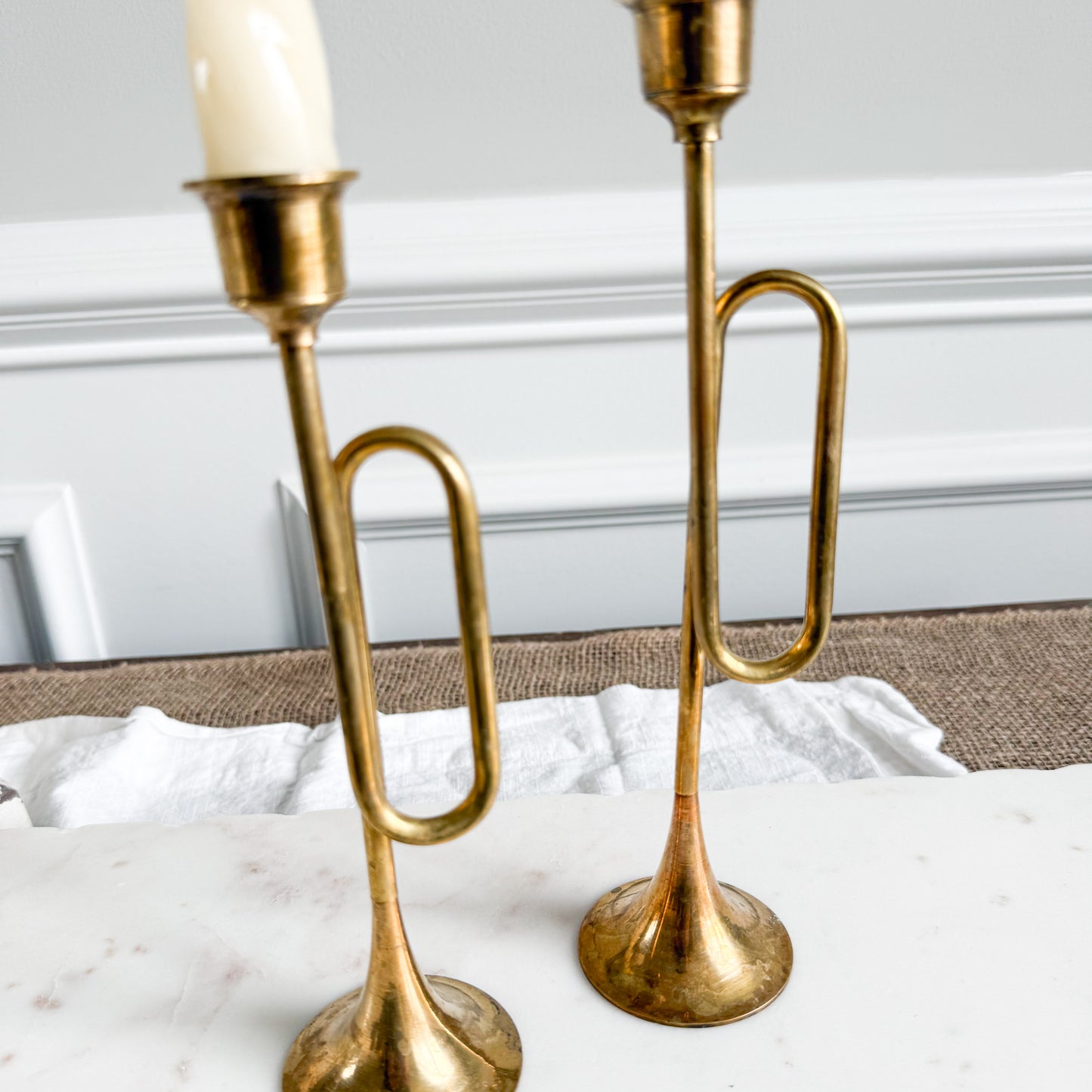 BelleStyle Vintage Brass Trumpet Candle Holders Set of 2