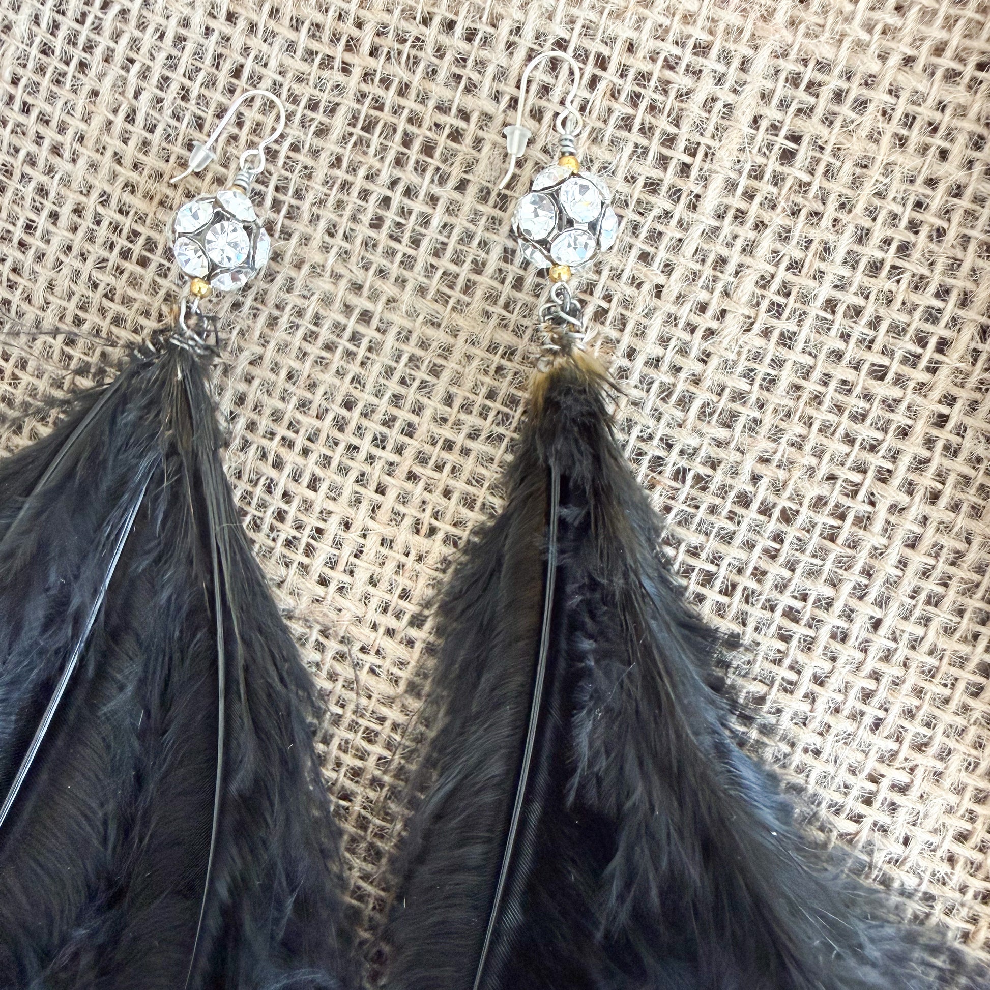 Eden Vintage Crystal Black Maribu Feather Earrings - BelleStyle