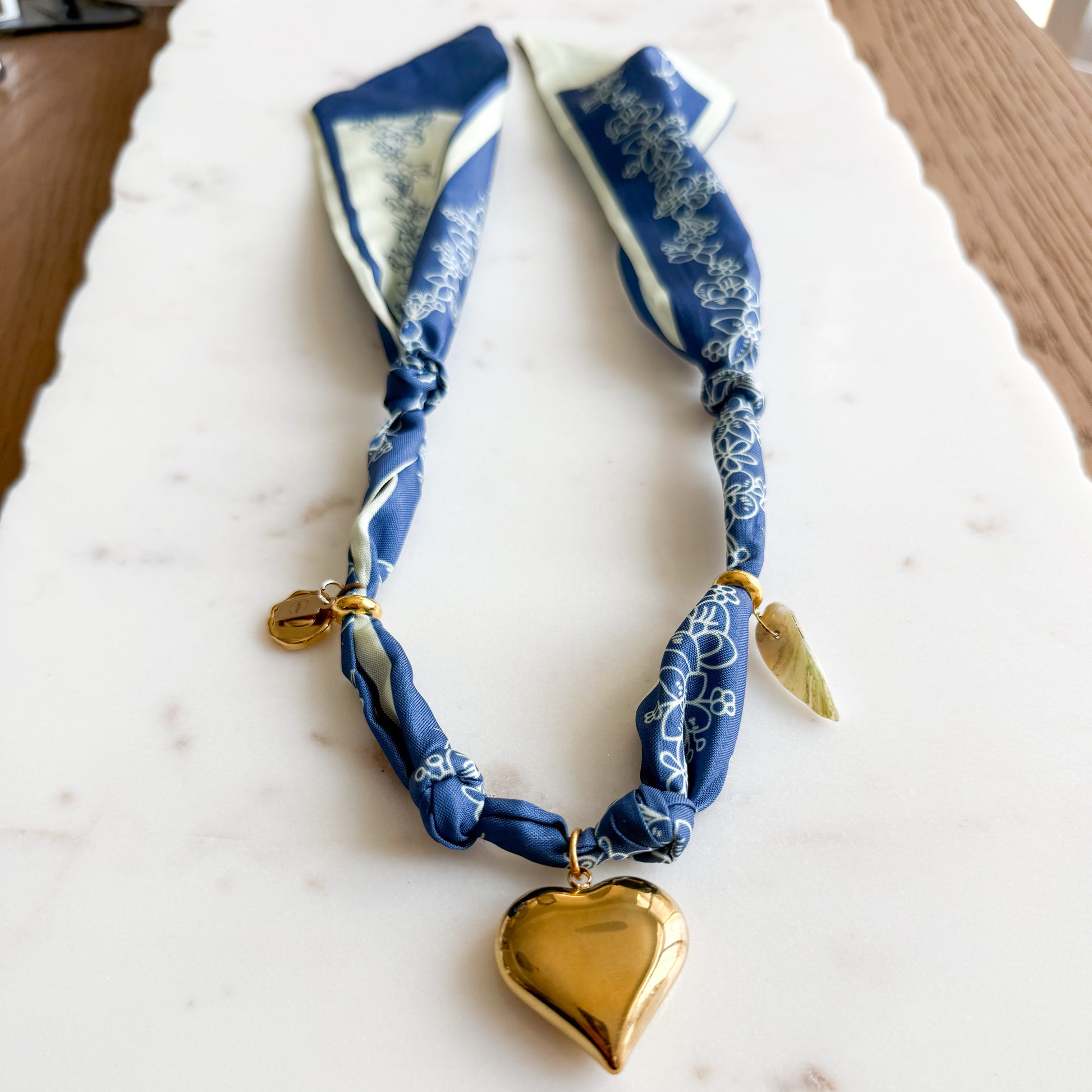 Hayling Gold Heart Charm Blue Bandana Scarf Necklace