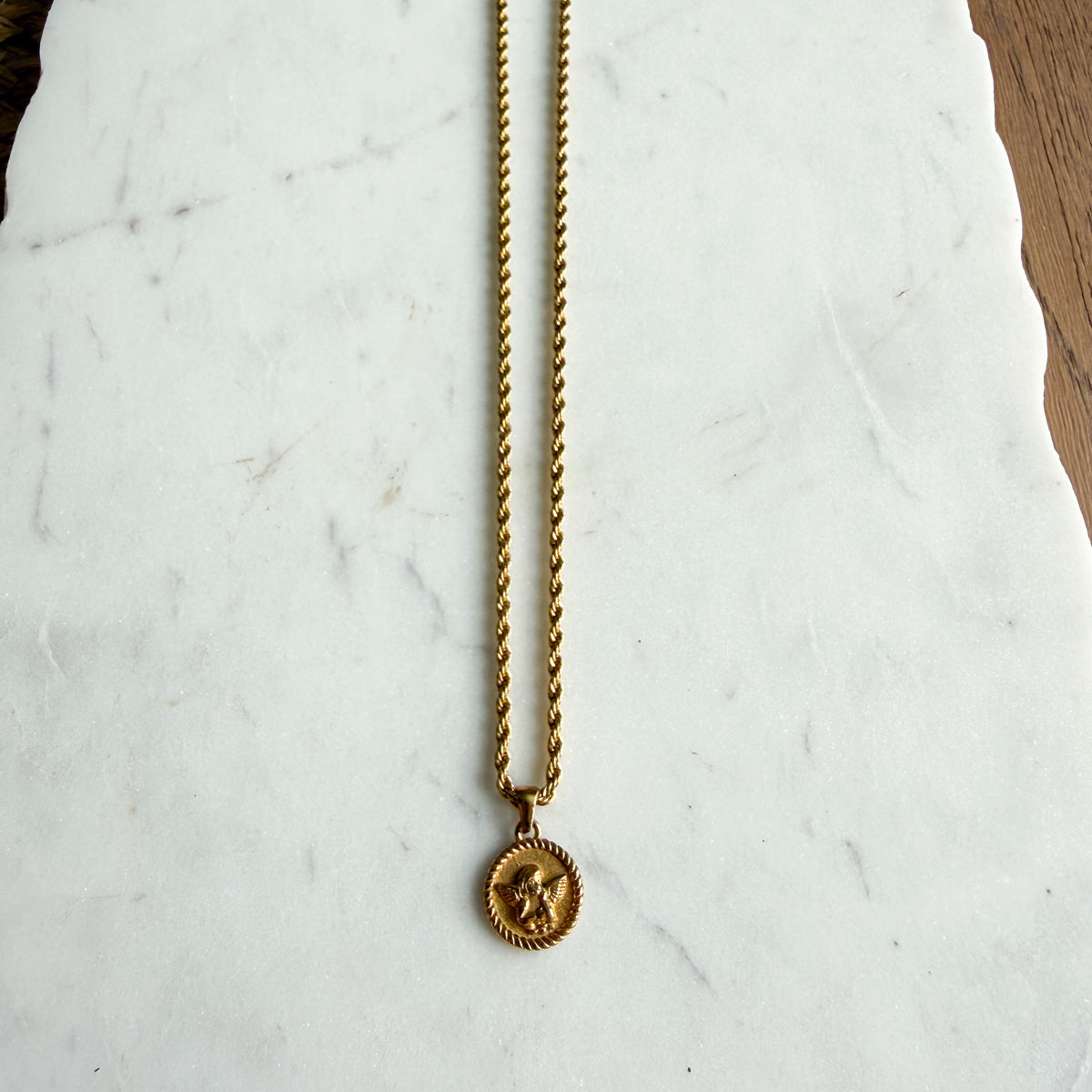 Angelface Braided Stainless Steel Rope Gold Coin Necklace