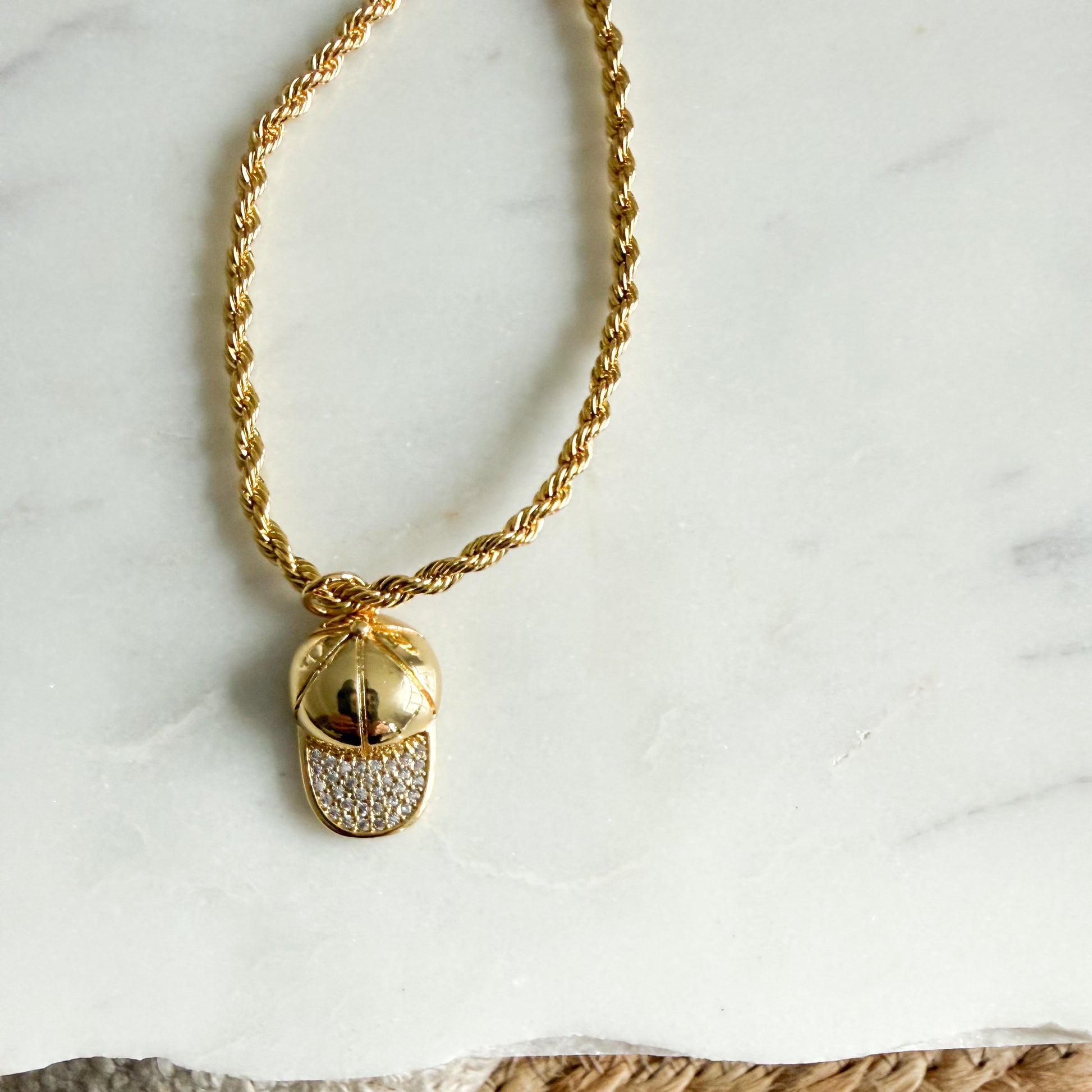 Cooper Gold Baseball/Softball Pave Cubic Zirconia Crystal Hat Necklace