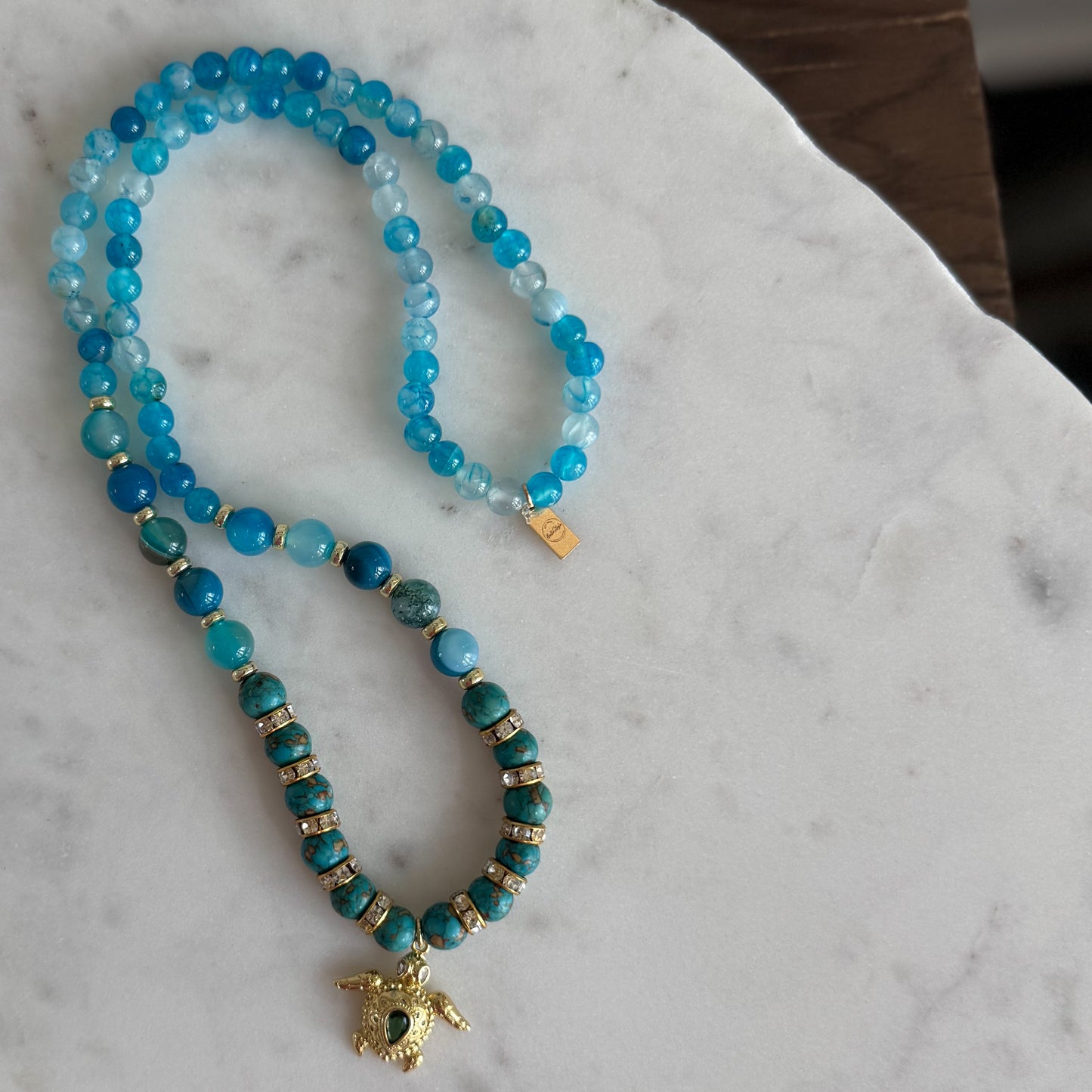 Atlantis Emerald Green Crystal Gold Turtle Charm Blue Chalcedony Necklace