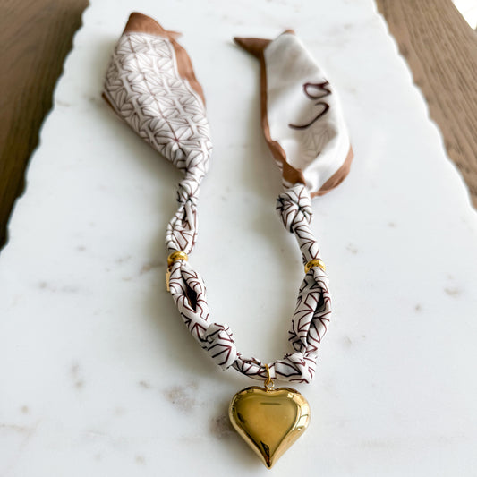 Champagney Gold Heart Charm Brown Geometric Scarf Bandanna Necklace