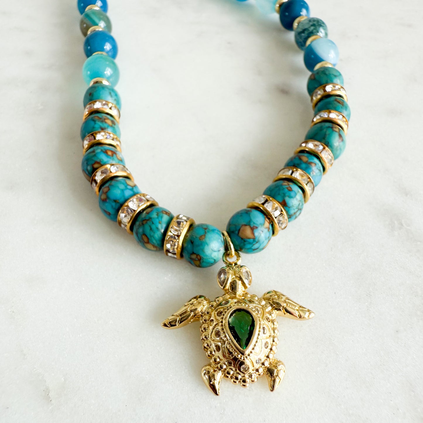 Atlantis Emerald Green Crystal Gold Turtle Charm Blue Chalcedony Necklace