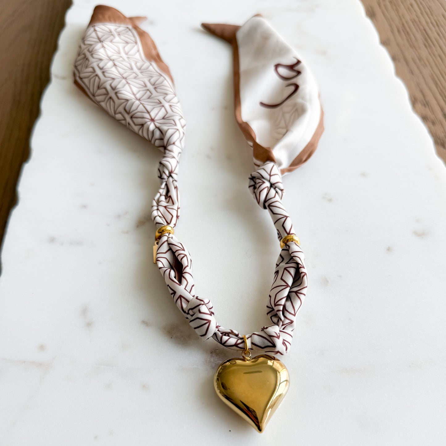 Champagney Gold Heart Charm Brown Geometric Scarf Bandanna Necklace