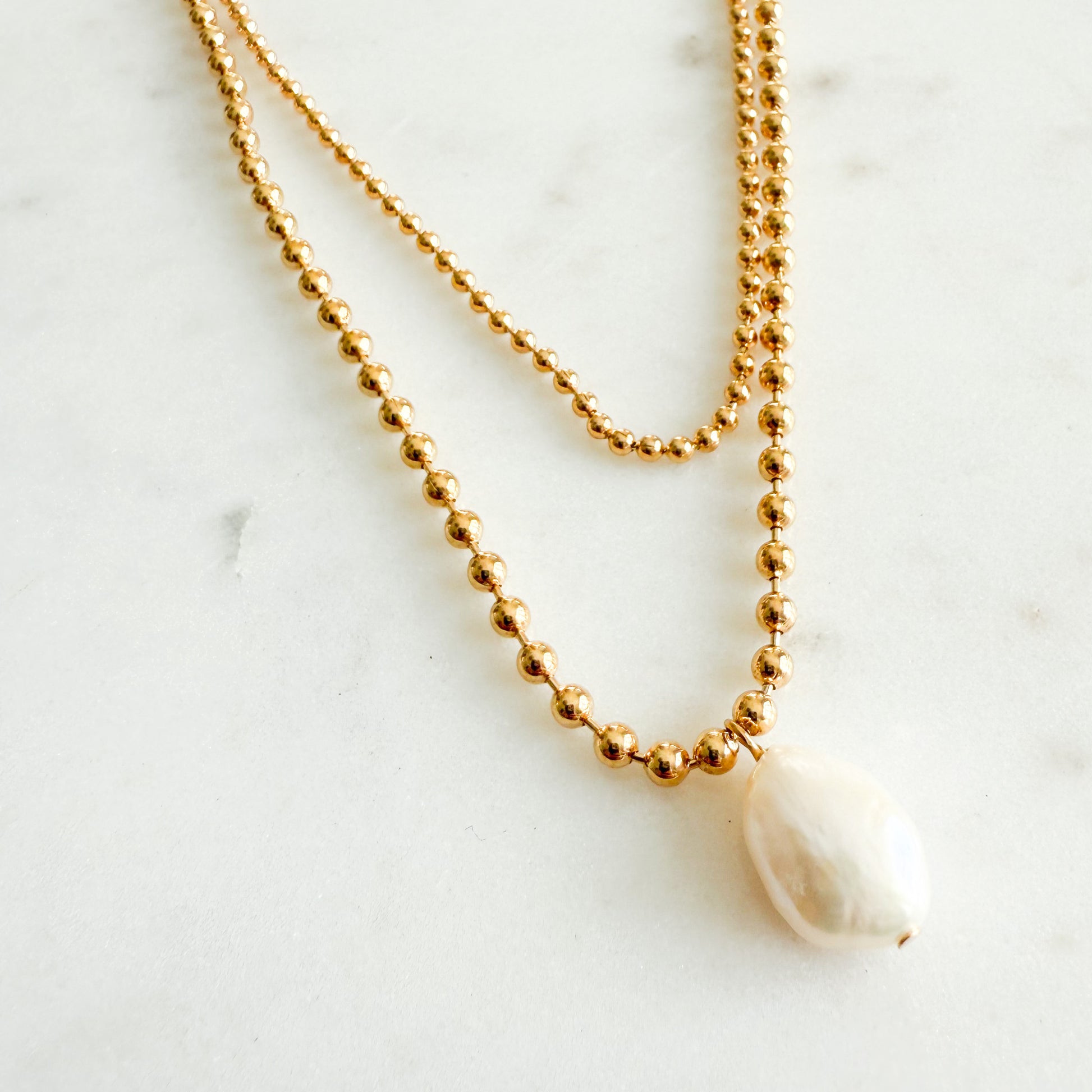 Anne Freshwater Pearl Double Ball Chain Necklace - BelleStyle