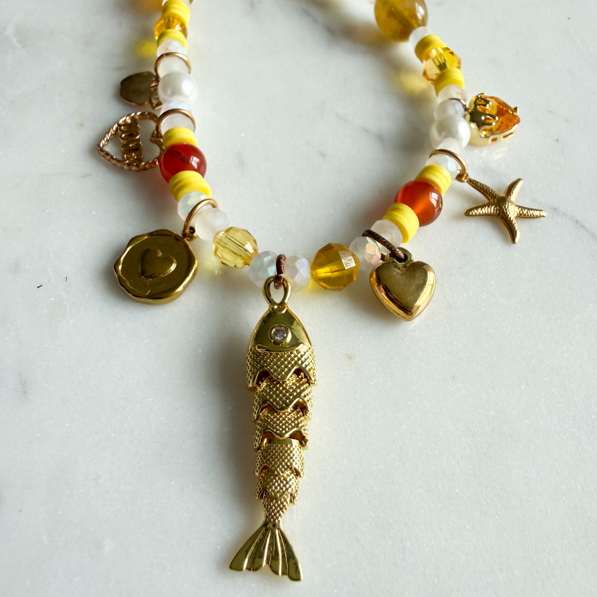 Jaune Golden Agate Jasper Moonstone Quartz Vintage Swarovski Fish Charm Necklace- BelleStye