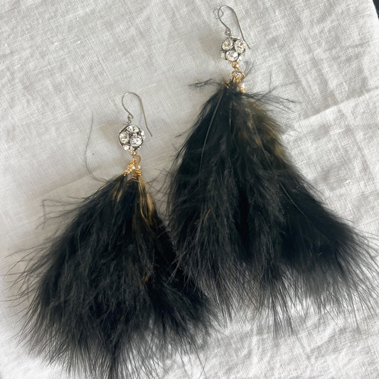 Eden Vintage Crystal Black Maribu Feather Earrings - BelleStyle