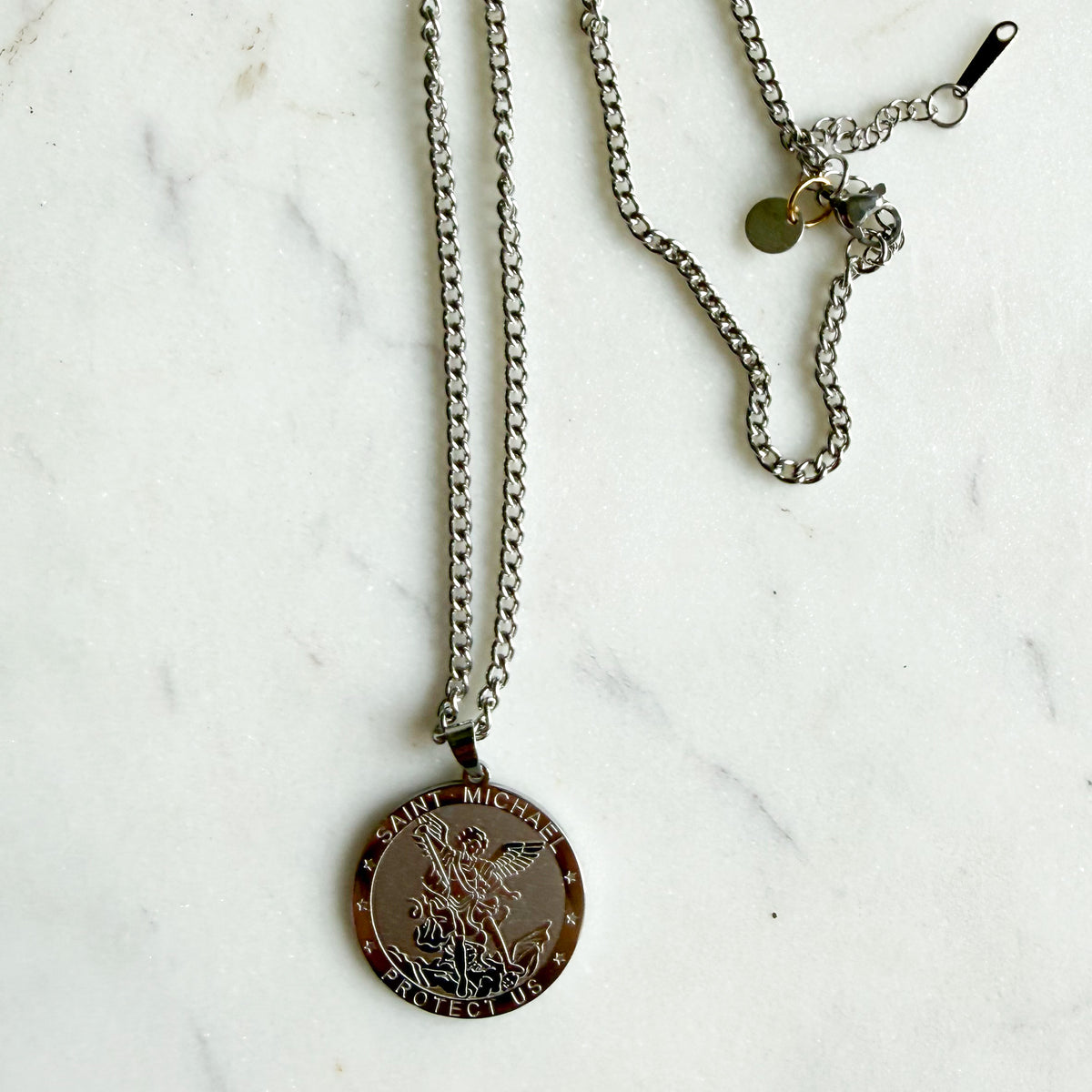 St. Michael Protect Us Stainless Steel Coin Charm Prayer Necklace