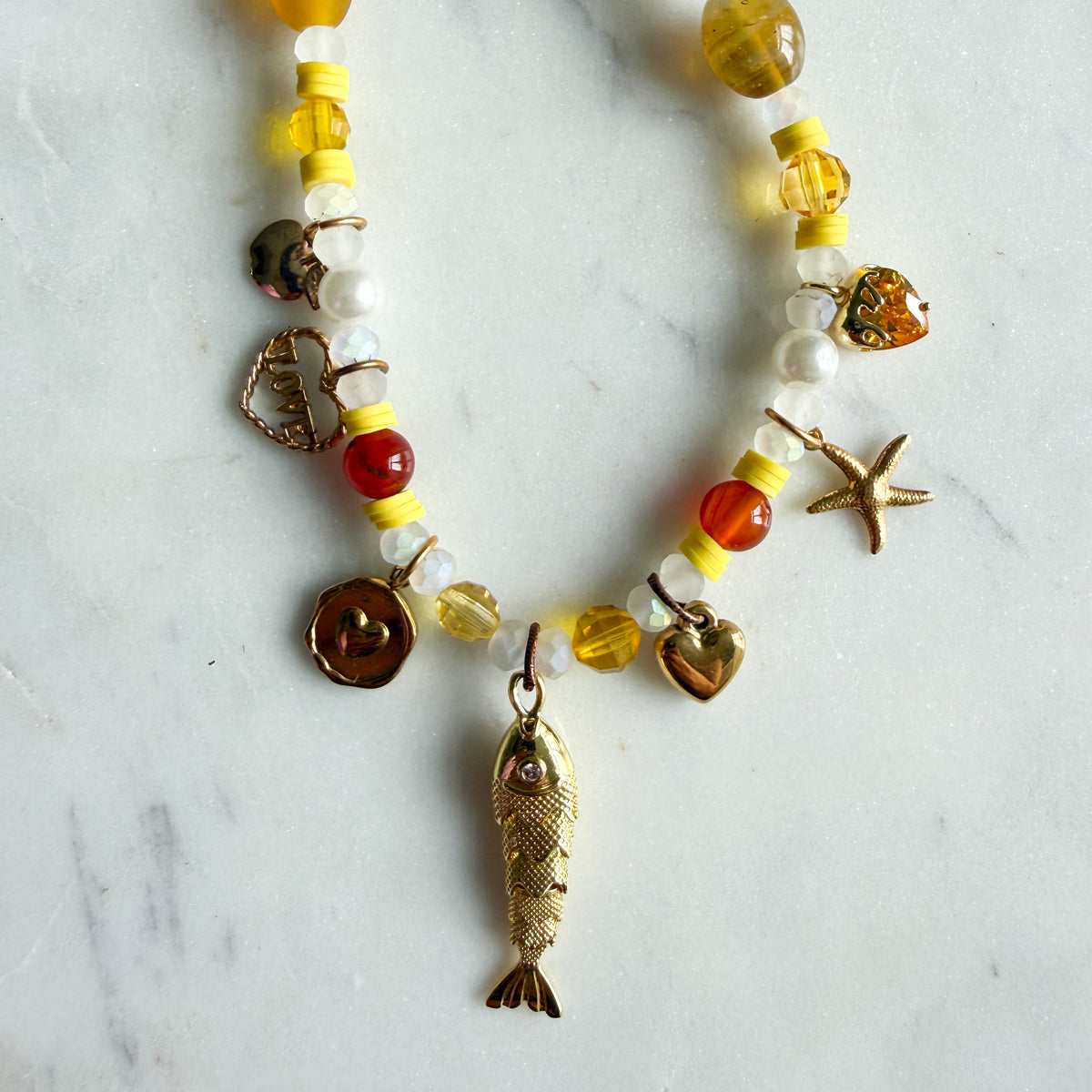 Jaune Golden Agate Jasper Moonstone Quartz Vintage Swarovski Fish Charm Necklace- BelleStye