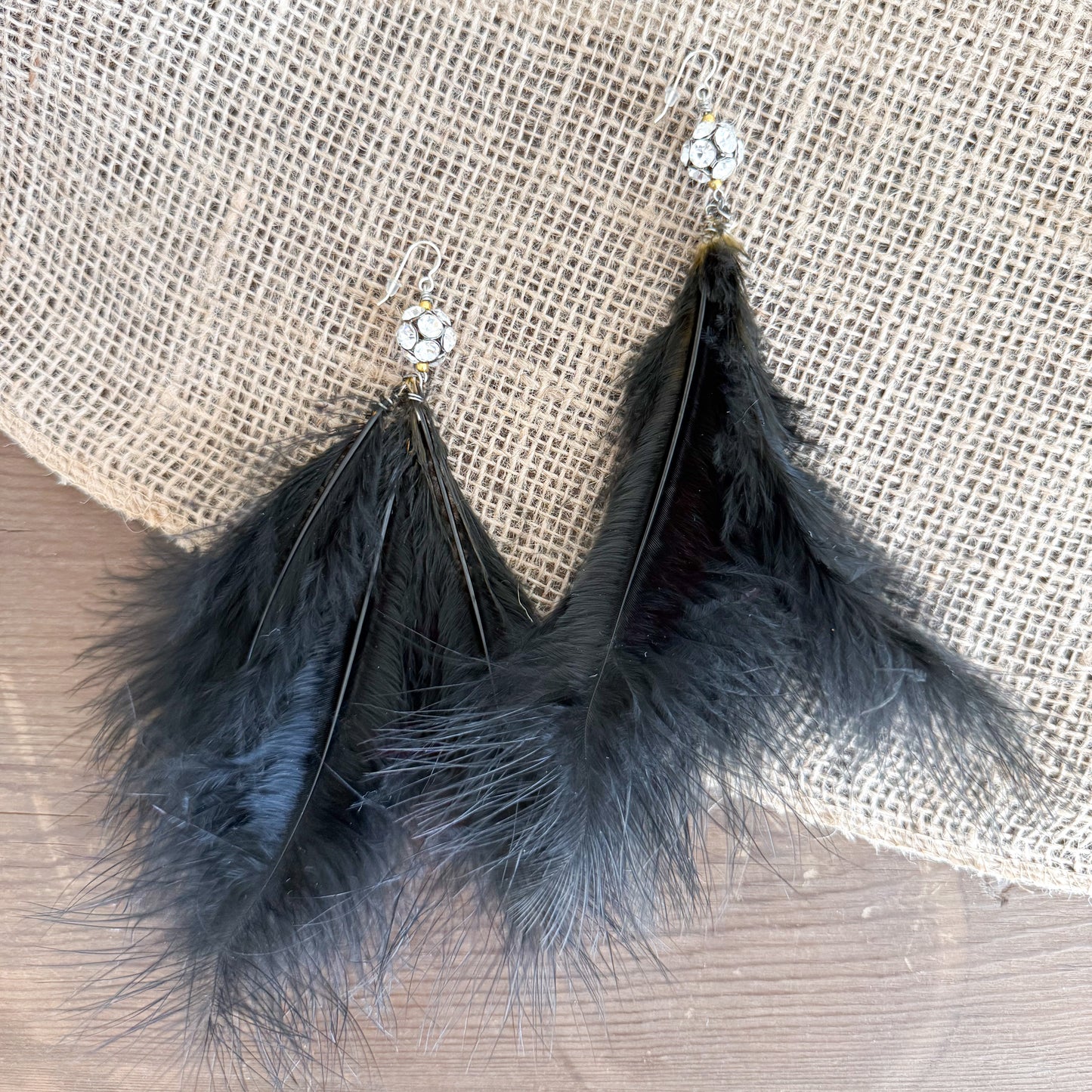 Eden Vintage Crystal Black Maribu Feather Earrings - BelleStyle