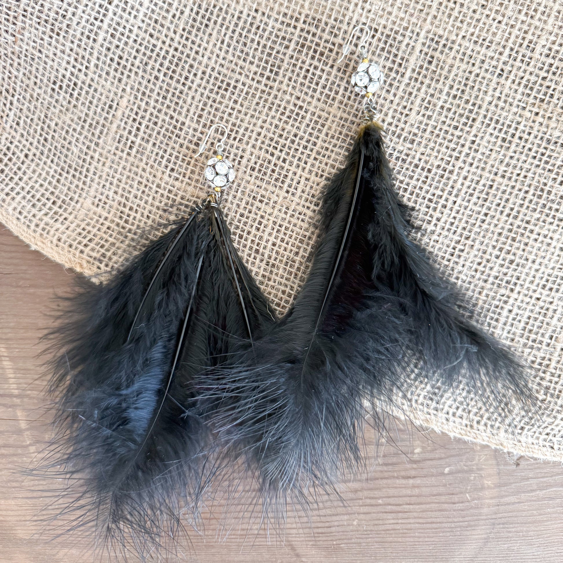 Eden Vintage Crystal Black Maribu Feather Earrings - BelleStyle