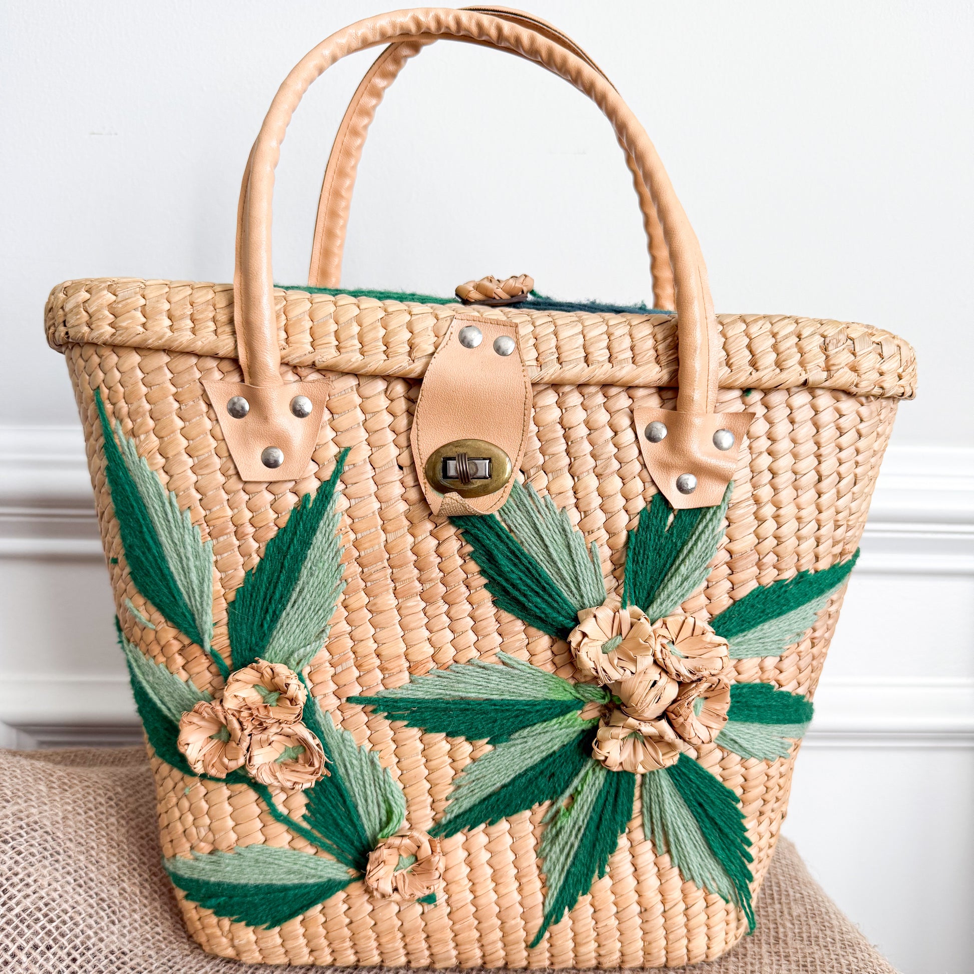Tupelo Vintage Fine Palm Handwoven Bohemian Floral Medium Tote Shopper Bag