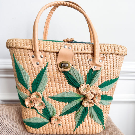 Tupelo Vintage Fine Palm Handwoven Bohemian Floral Medium Tote Shopper Bag