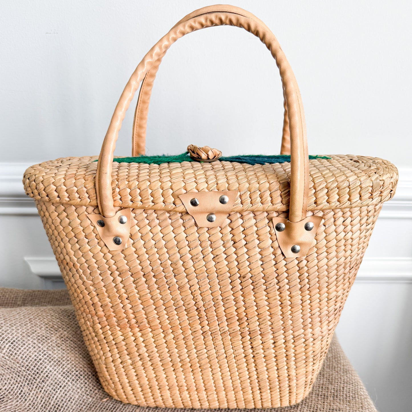 Tupelo Vintage Fine Palm Handwoven Bohemian Floral Medium Tote Shopper Bag